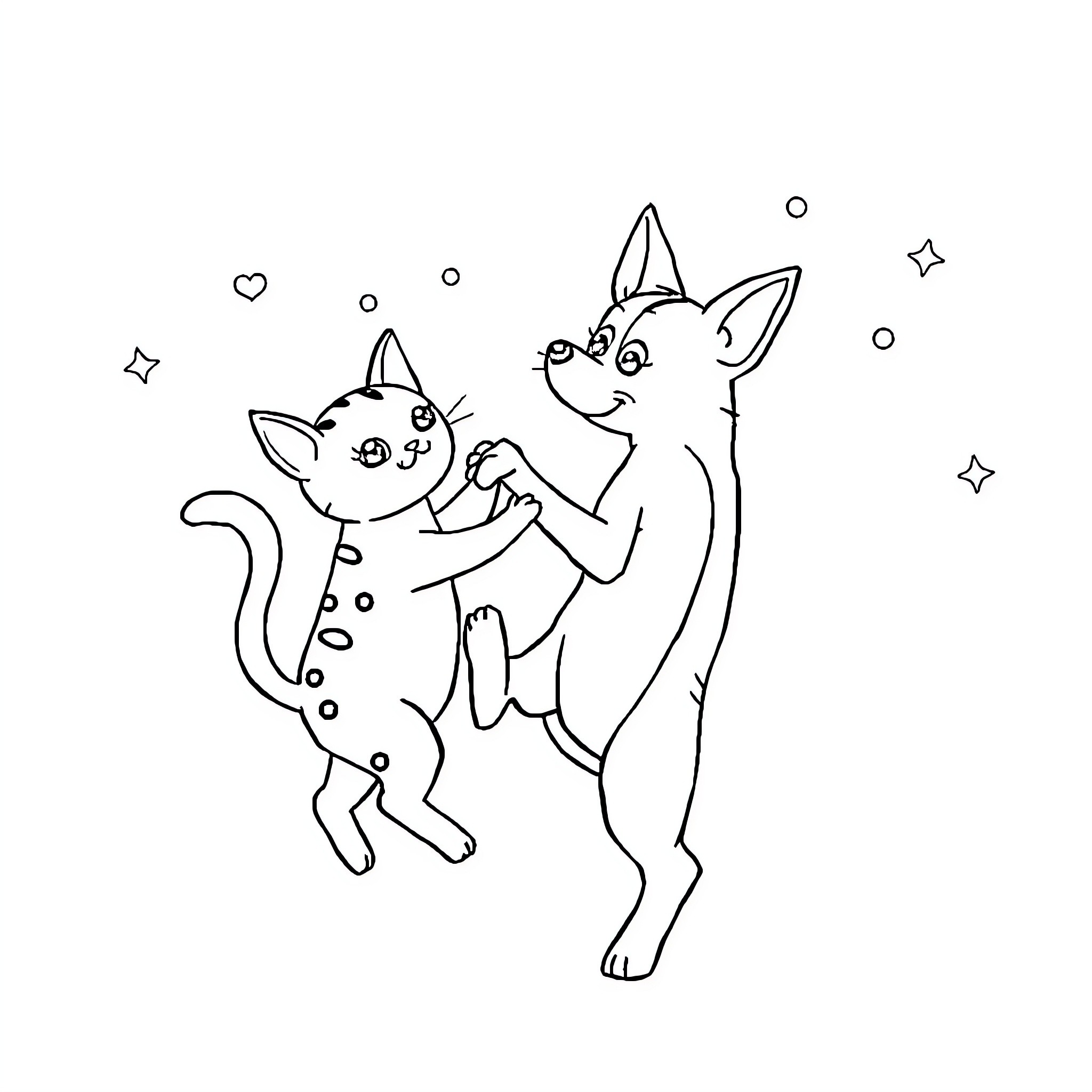 Dogs playing excitedly with each other Coloring Page (free black-and-white line drawing printable PDF for all, from beginners to advanced learners, including children, teens, adults, and seniors)
