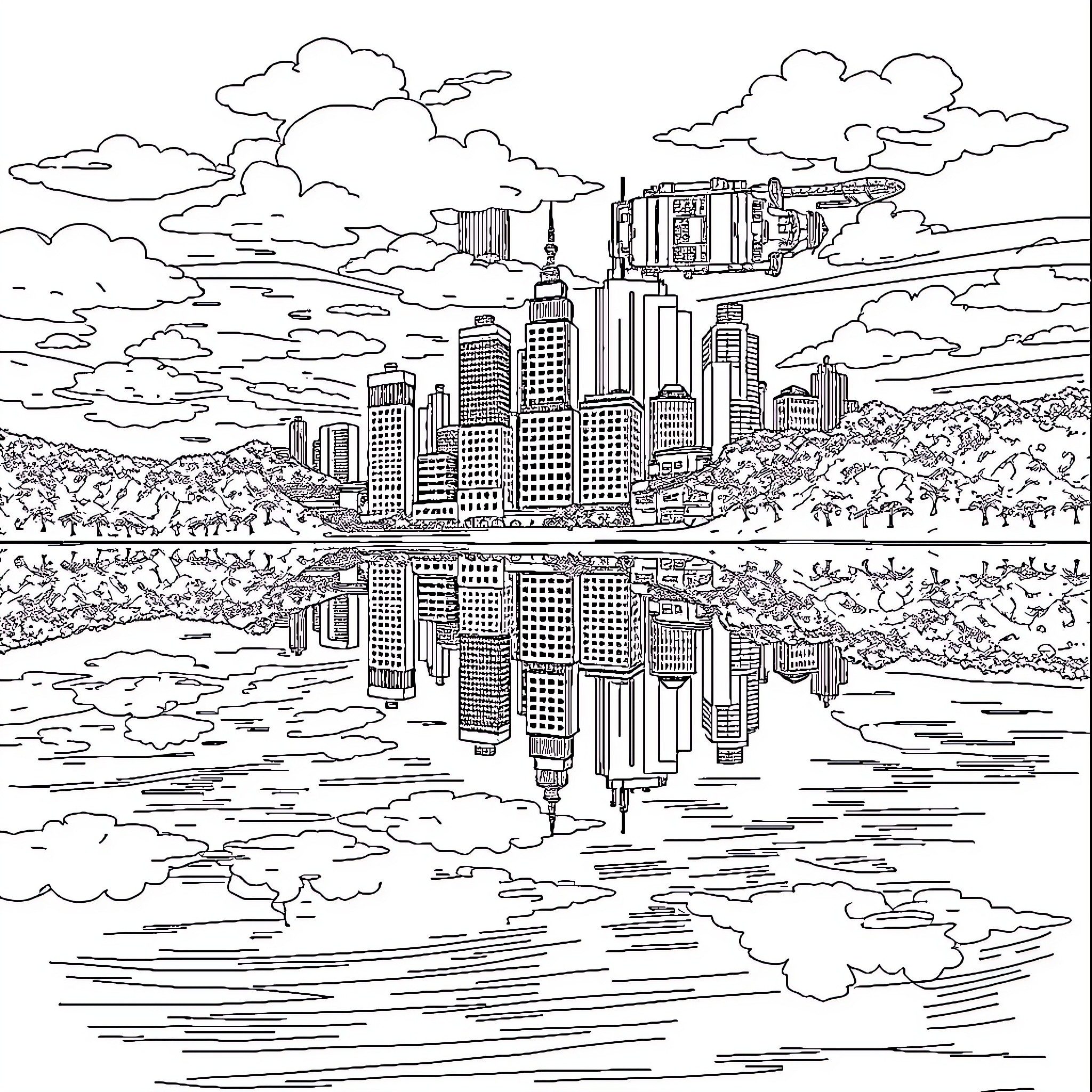 City skyline reflected in tranquil waters Coloring Page (free black-and-white line drawing printable PDF for all, from beginners to advanced learners, including children, teens, adults, and seniors)