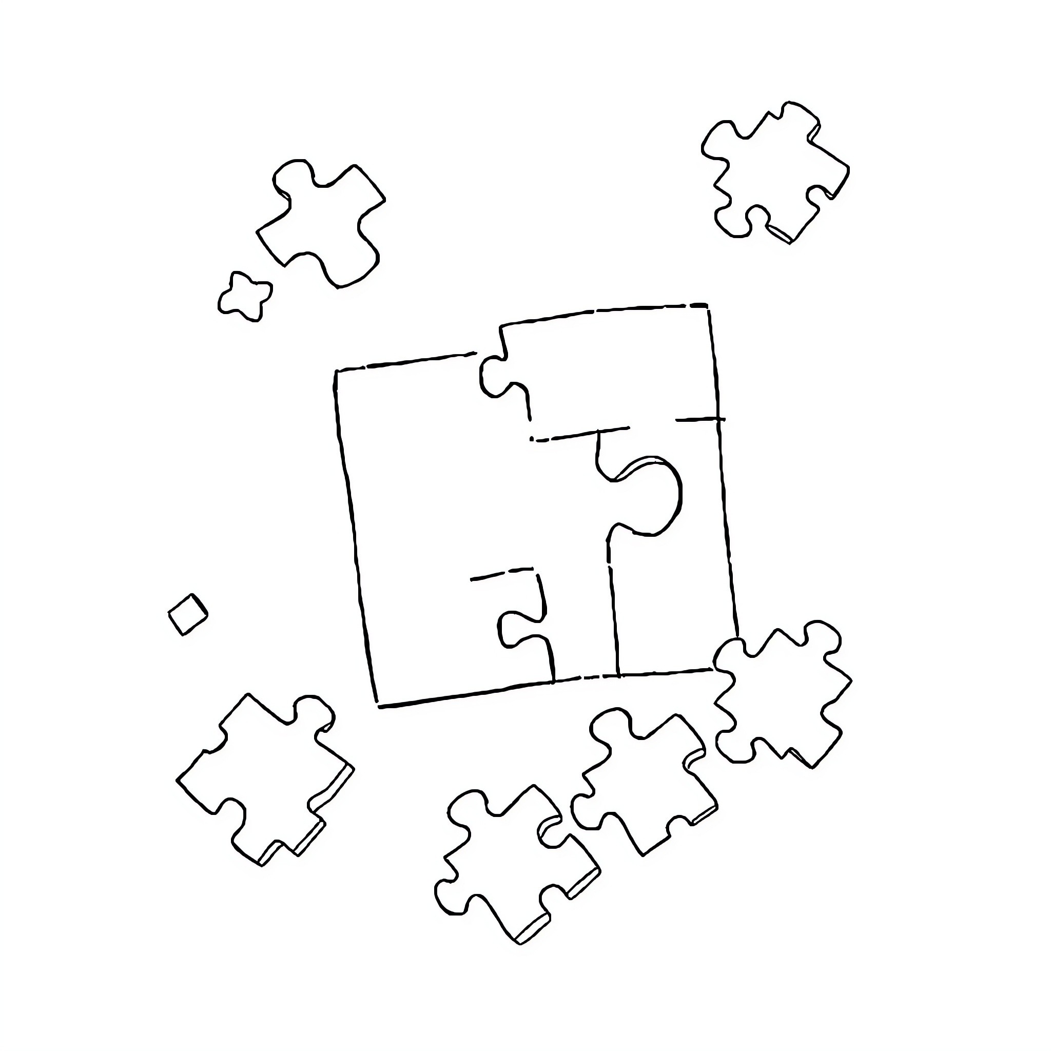 Puzzle pieces scattered on a surface Coloring Page (free black-and-white line drawing printable PDF for all, from beginners to advanced learners, including children, teens, adults, and seniors)