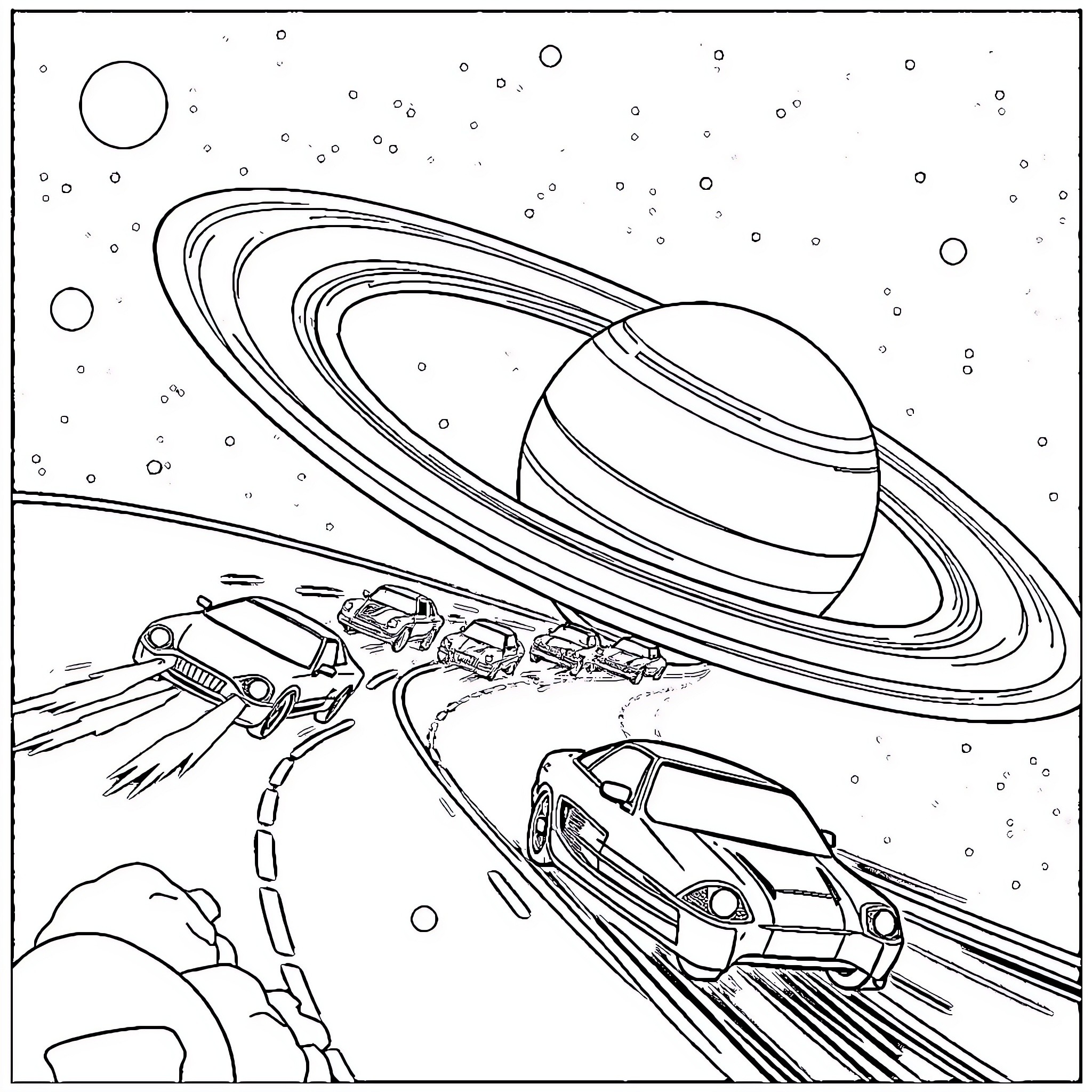 Car racing through cosmic landscape Coloring Page (free black-and-white line drawing printable PDF for all, from beginners to advanced learners, including children, teens, adults, and seniors)