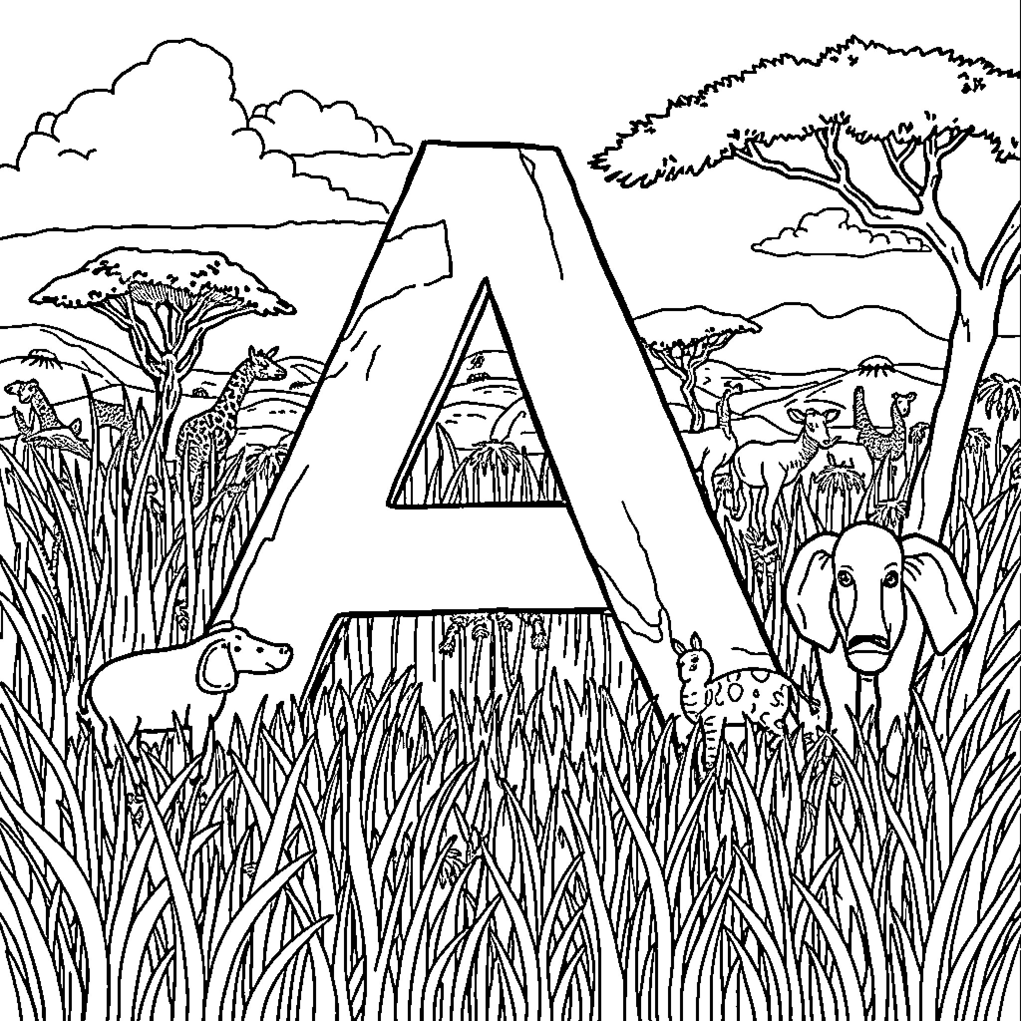 Letter A: Adorned African Animal Alphabet Coloring Page (free black-and-white line drawing printable PDF for all, from beginners to advanced learners, including children, teens, adults, and seniors)