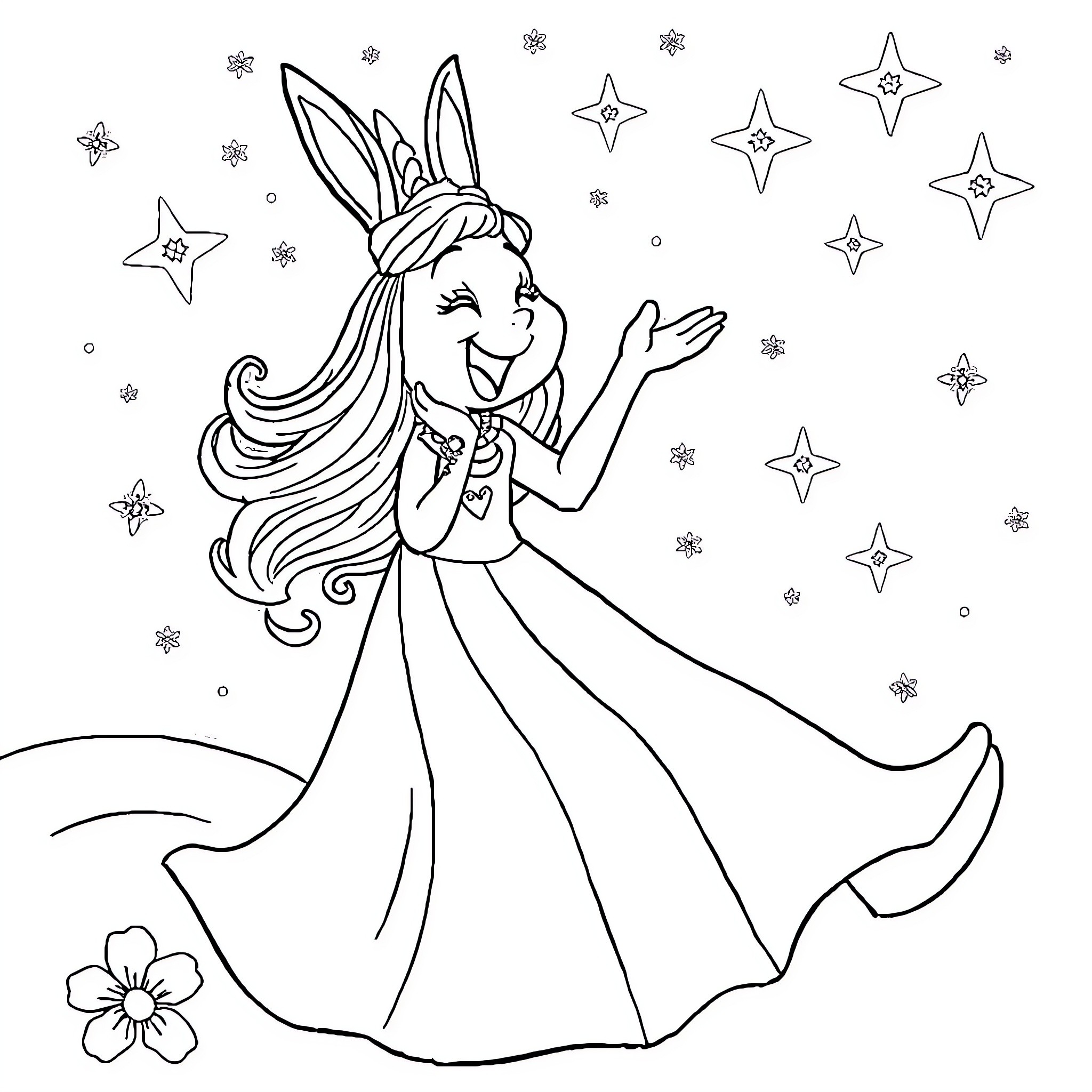 Rapunzel dancing joyfully amidst sparkling stars Coloring Page (free black-and-white line drawing printable PDF for all, from beginners to advanced learners, including children, teens, adults, and seniors)