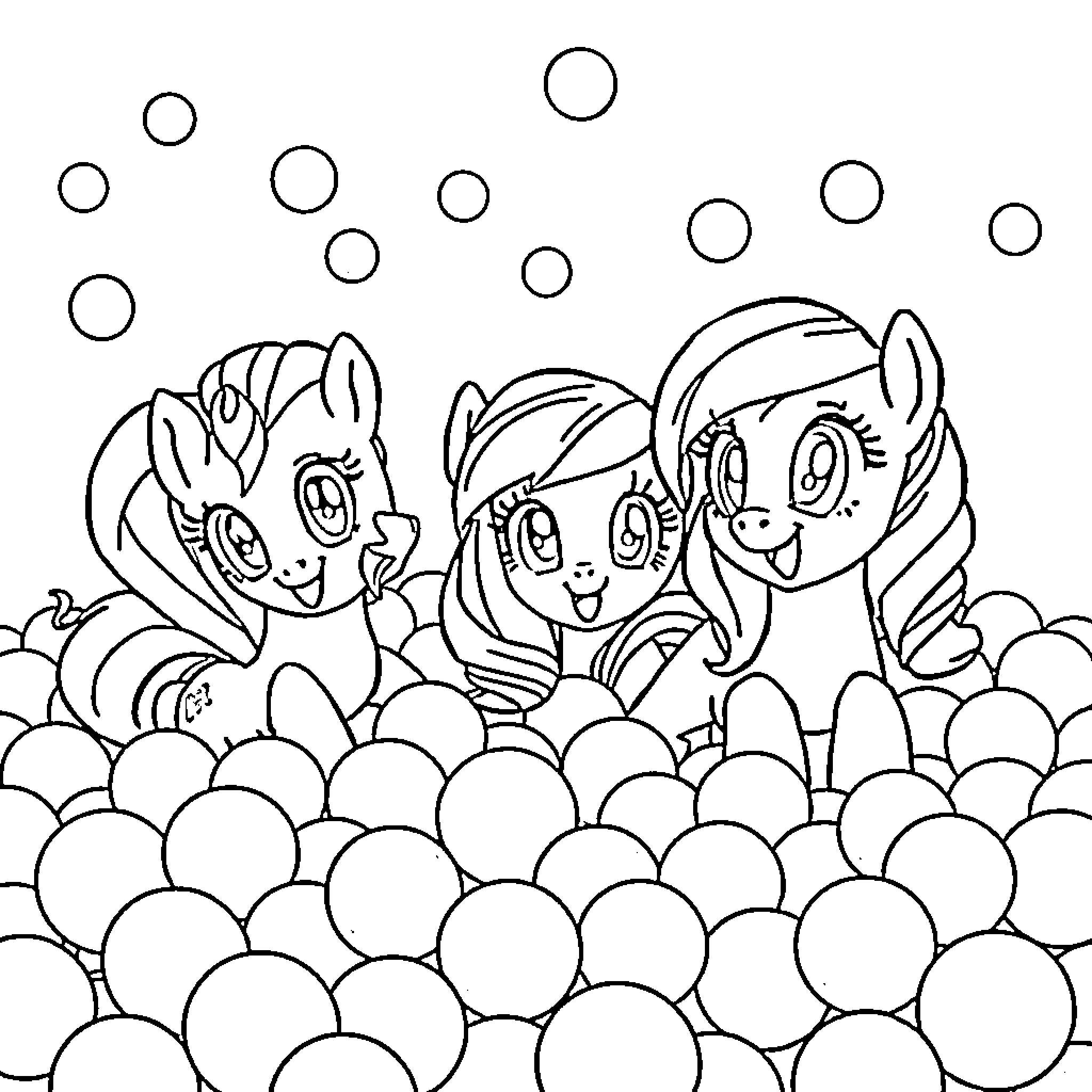 Pony friends frolicking in a bubble-filled field Coloring Page (free black-and-white line drawing printable PDF for all, from beginners to advanced learners, including children, teens, adults, and seniors)