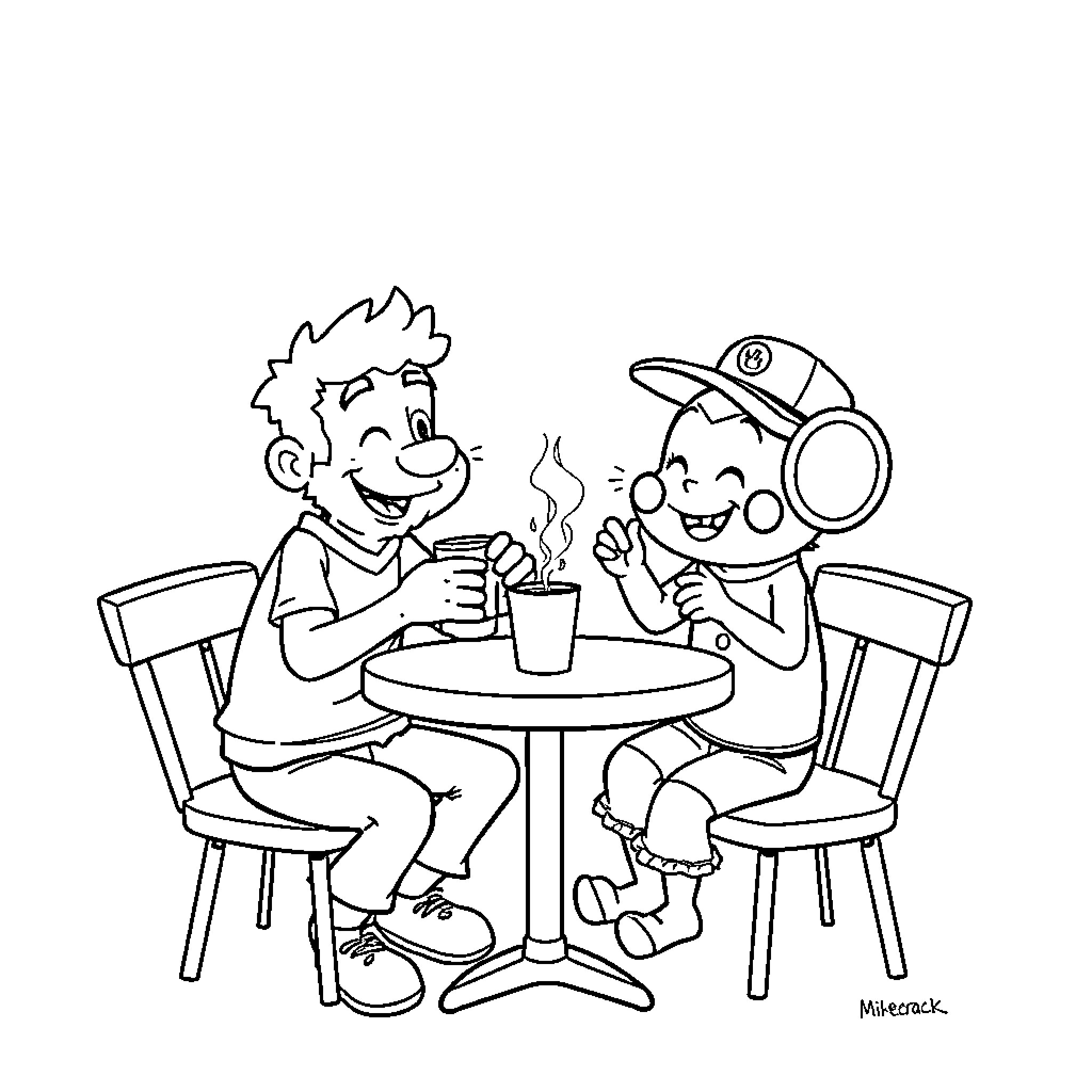 Mikecrack enjoys a warm beverage with a friend Coloring Page (free black-and-white line drawing printable PDF for all, from beginners to advanced learners, including children, teens, adults, and seniors)