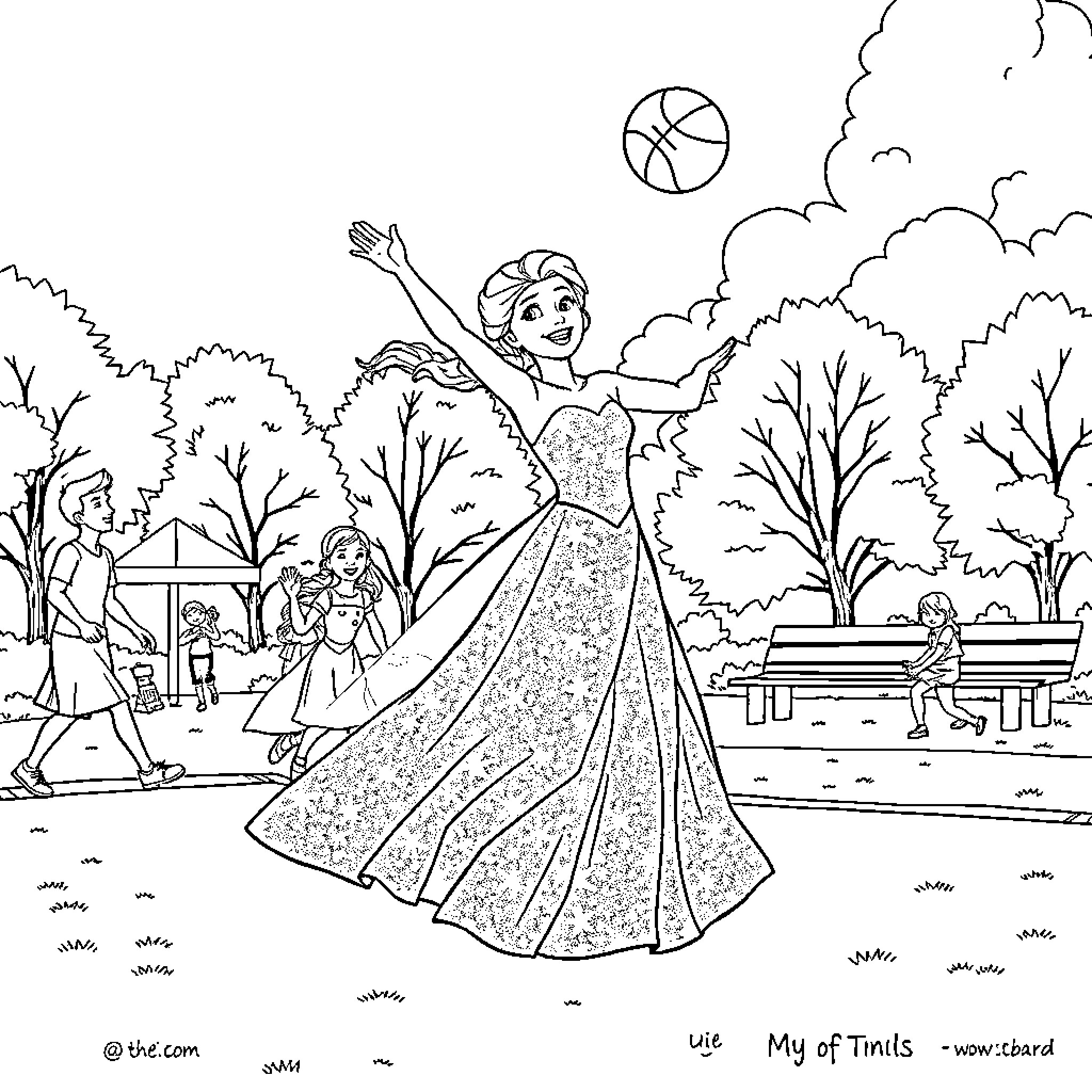 Princess Embraces Joyful Expression in Enchanting Park Setting Coloring Page (free black-and-white line drawing printable PDF for all, from beginners to advanced learners, including children, teens, adults, and seniors)