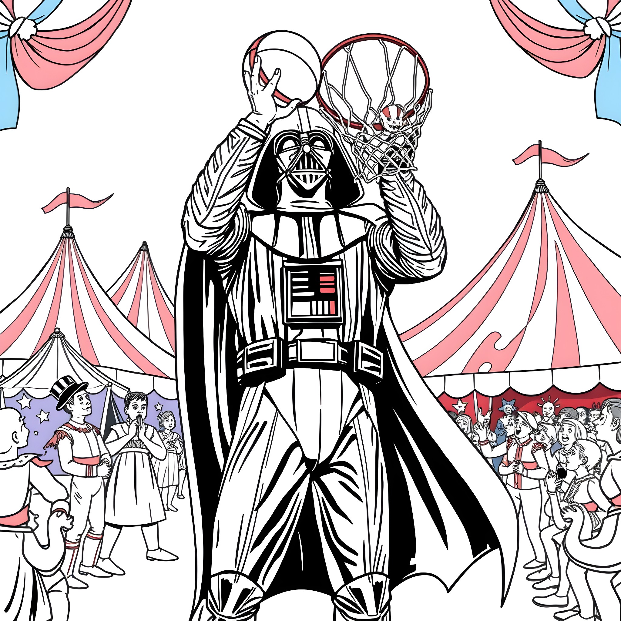 Darth Vader dominates the carnival with his imposing presence Coloring Page (free black-and-white line drawing printable PDF for all, from beginners to advanced learners, including children, teens, adults, and seniors)