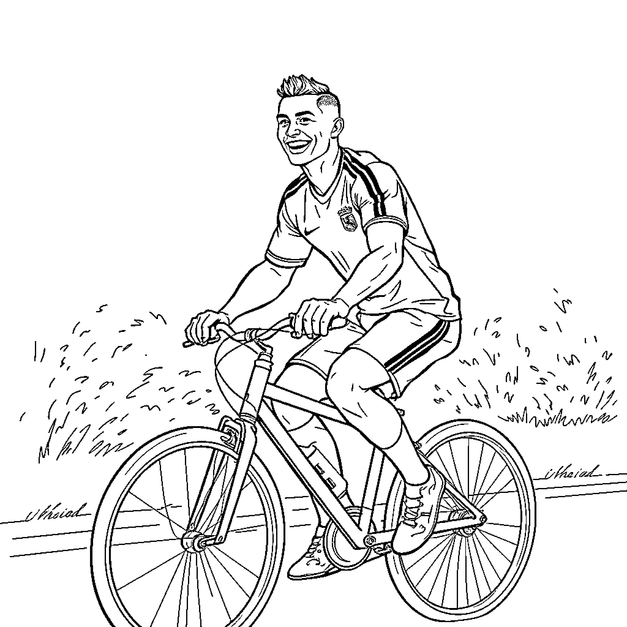 Cr7 cyclist enjoying outdoor adventure Coloring Page (free black-and-white line drawing printable PDF for all, from beginners to advanced learners, including children, teens, adults, and seniors)