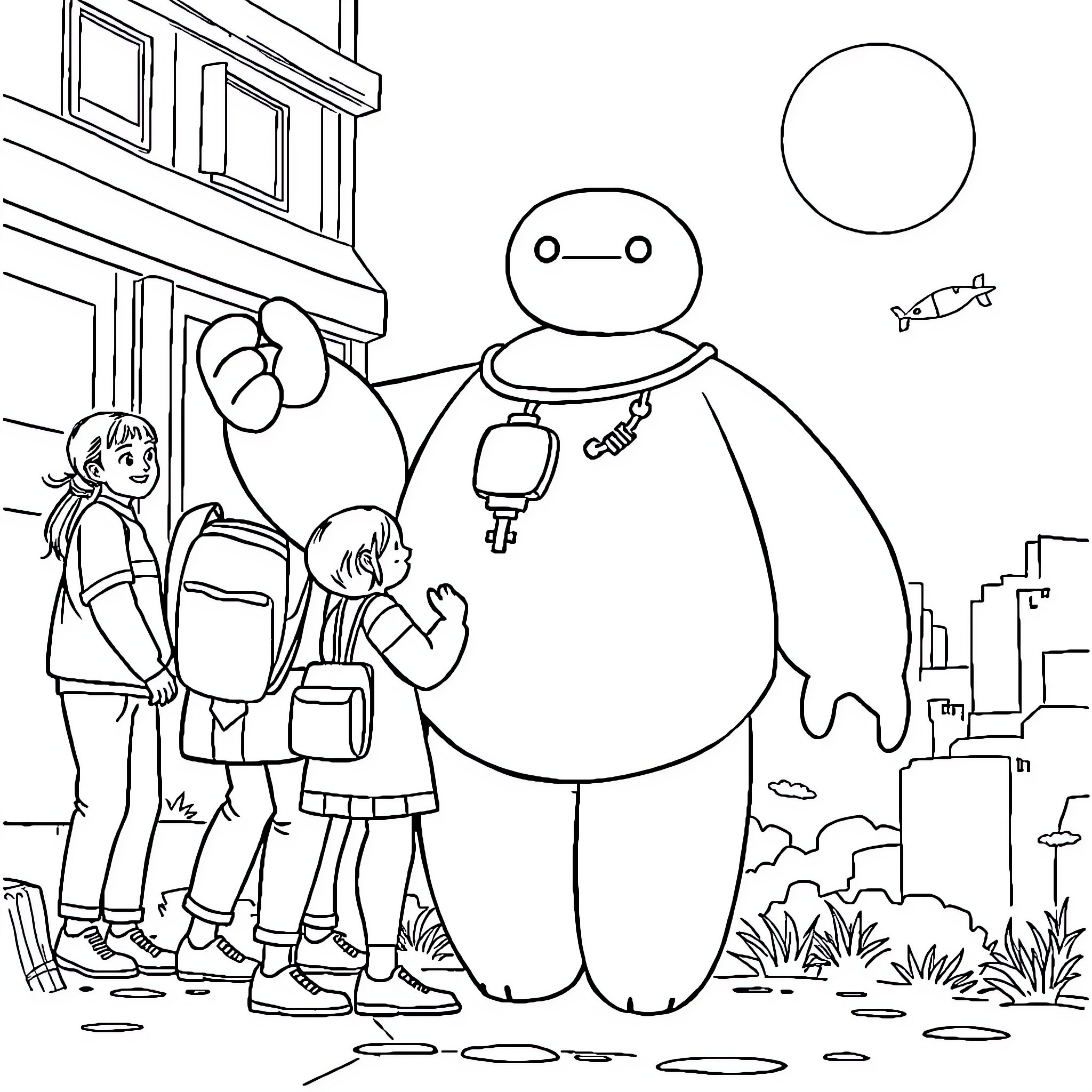 Baymax comforting children in the city Coloring Page (free black-and-white line drawing printable PDF for all, from beginners to advanced learners, including children, teens, adults, and seniors)