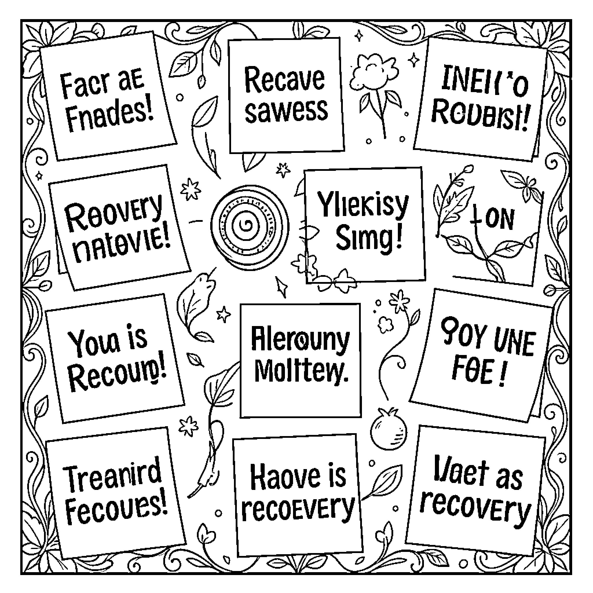 Motto: Inspirational Expressions of Recovery and Resilience Coloring Page (free black-and-white line drawing printable PDF for all, from beginners to advanced learners, including children, teens, adults, and seniors)