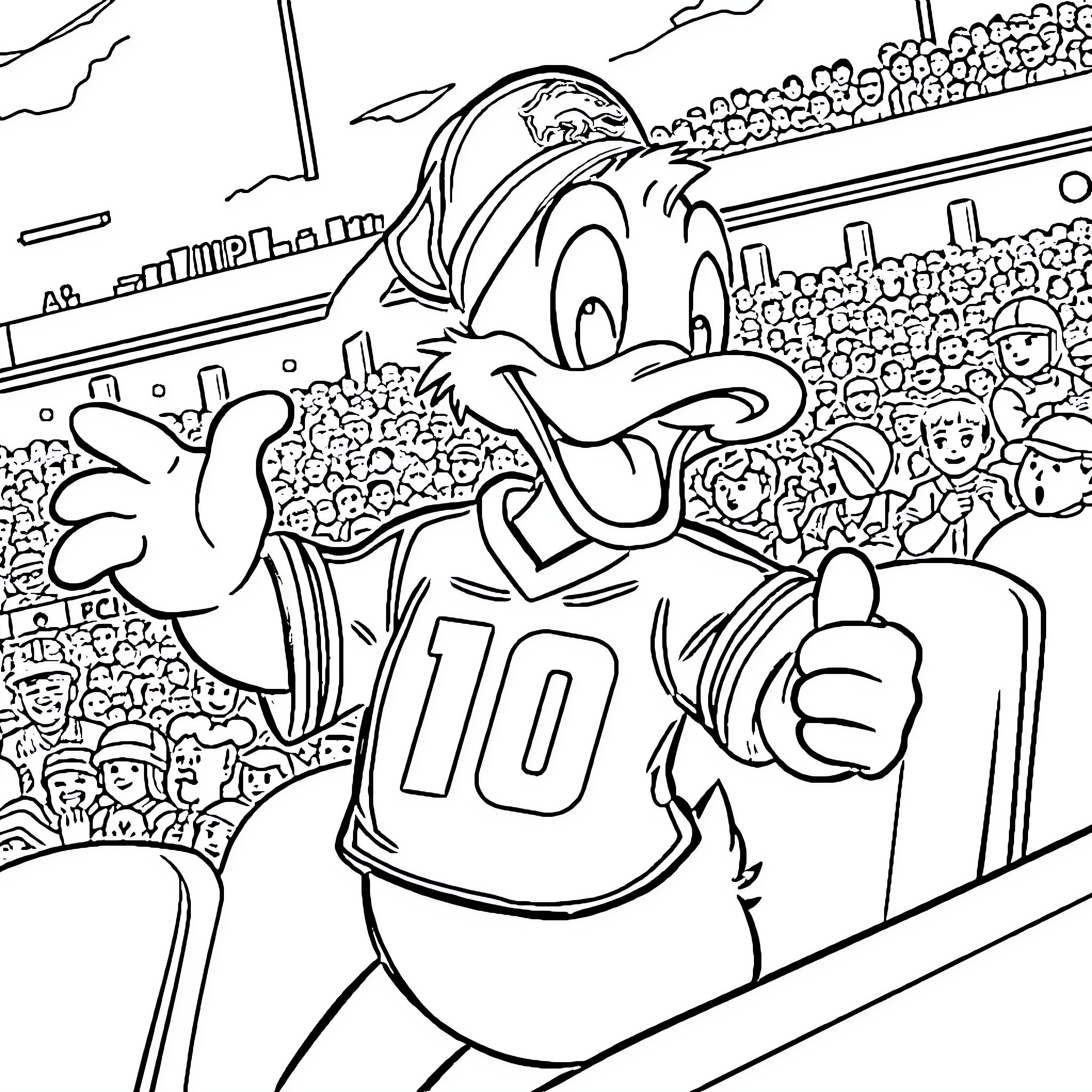 Donald Duck celebrating victory on the field Coloring Page (free black-and-white line drawing printable PDF for all, from beginners to advanced learners, including children, teens, adults, and seniors)