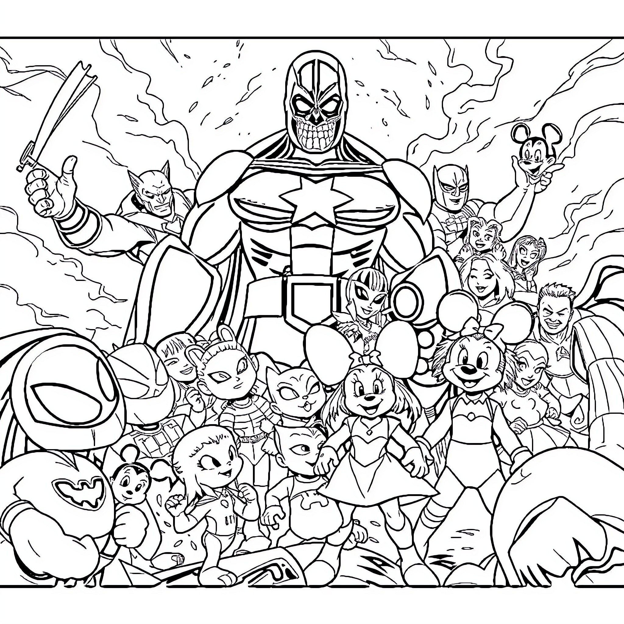 Marvel Superheroes and Villains in Epic Showdown Coloring Page (free black-and-white line drawing printable PDF for all, from beginners to advanced learners, including children, teens, adults, and seniors)