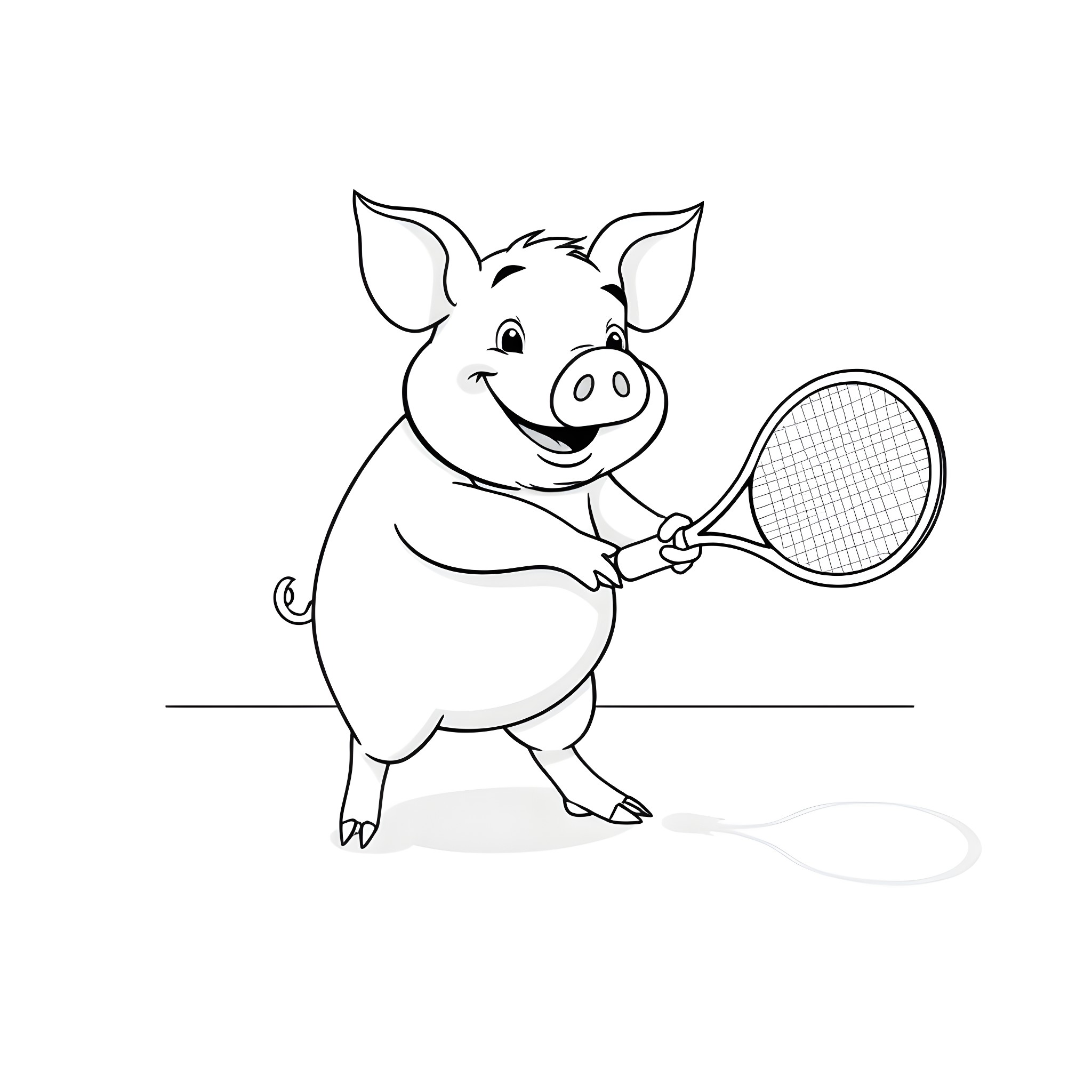 Pig playing tennis happily Coloring Page (free black-and-white line drawing printable PDF for all, from beginners to advanced learners, including children, teens, adults, and seniors)