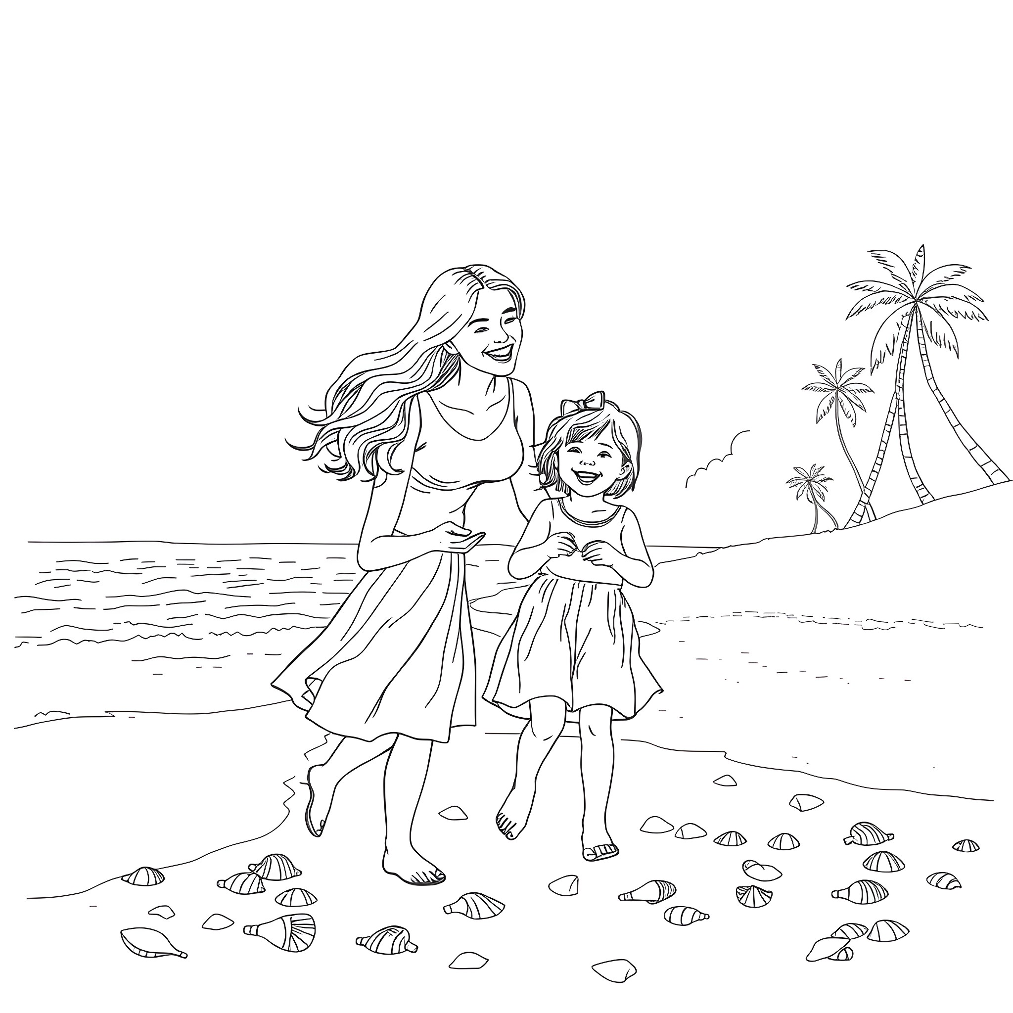 Mother and Daughter Strolling on the Beach Coloring Page (free black-and-white line drawing printable PDF for all, from beginners to advanced learners, including children, teens, adults, and seniors)