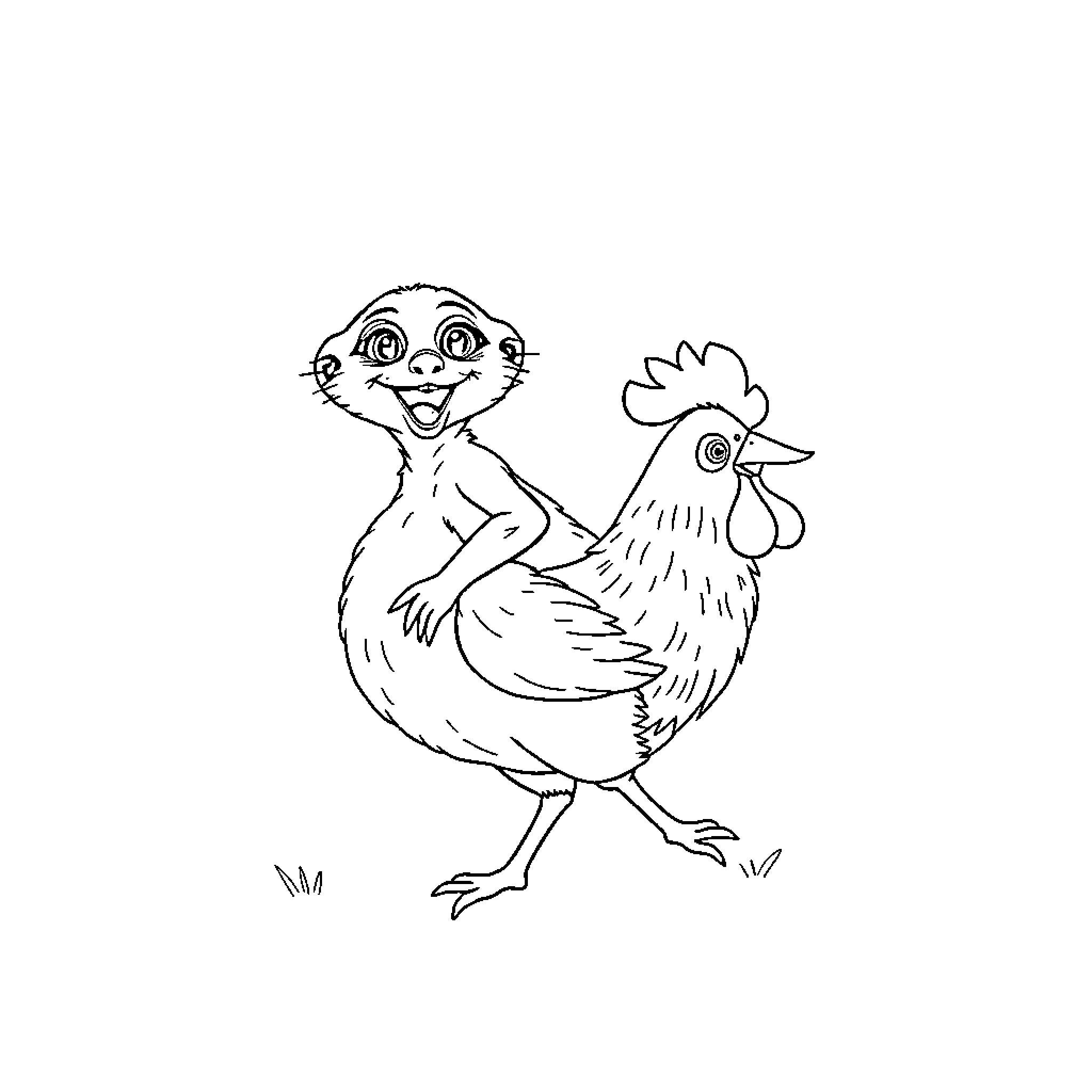 Meerkat making friends with a playful chicken Coloring Page (free black-and-white line drawing printable PDF for all, from beginners to advanced learners, including children, teens, adults, and seniors)