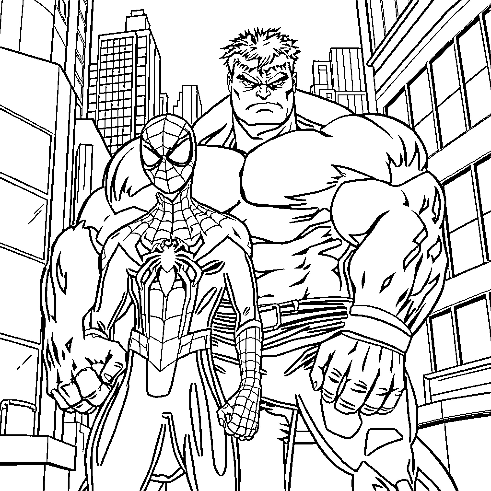 Hulk Spiderman team up in action stance Coloring Page (free black-and-white line drawing printable PDF for all, from beginners to advanced learners, including children, teens, adults, and seniors)