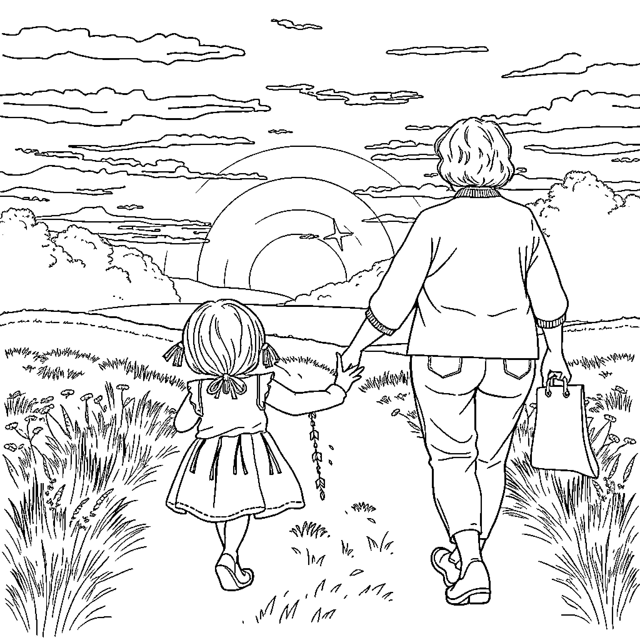 Girl with child walking together in nature Coloring Page (free black-and-white line drawing printable PDF for all, from beginners to advanced learners, including children, teens, adults, and seniors)