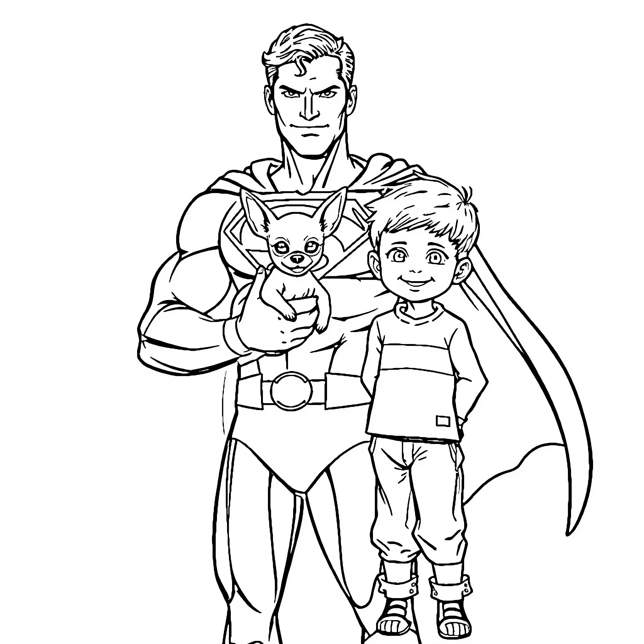 Superman with young boy and pet sidekick Coloring Page (free black-and-white line drawing printable PDF for all, from beginners to advanced learners, including children, teens, adults, and seniors)