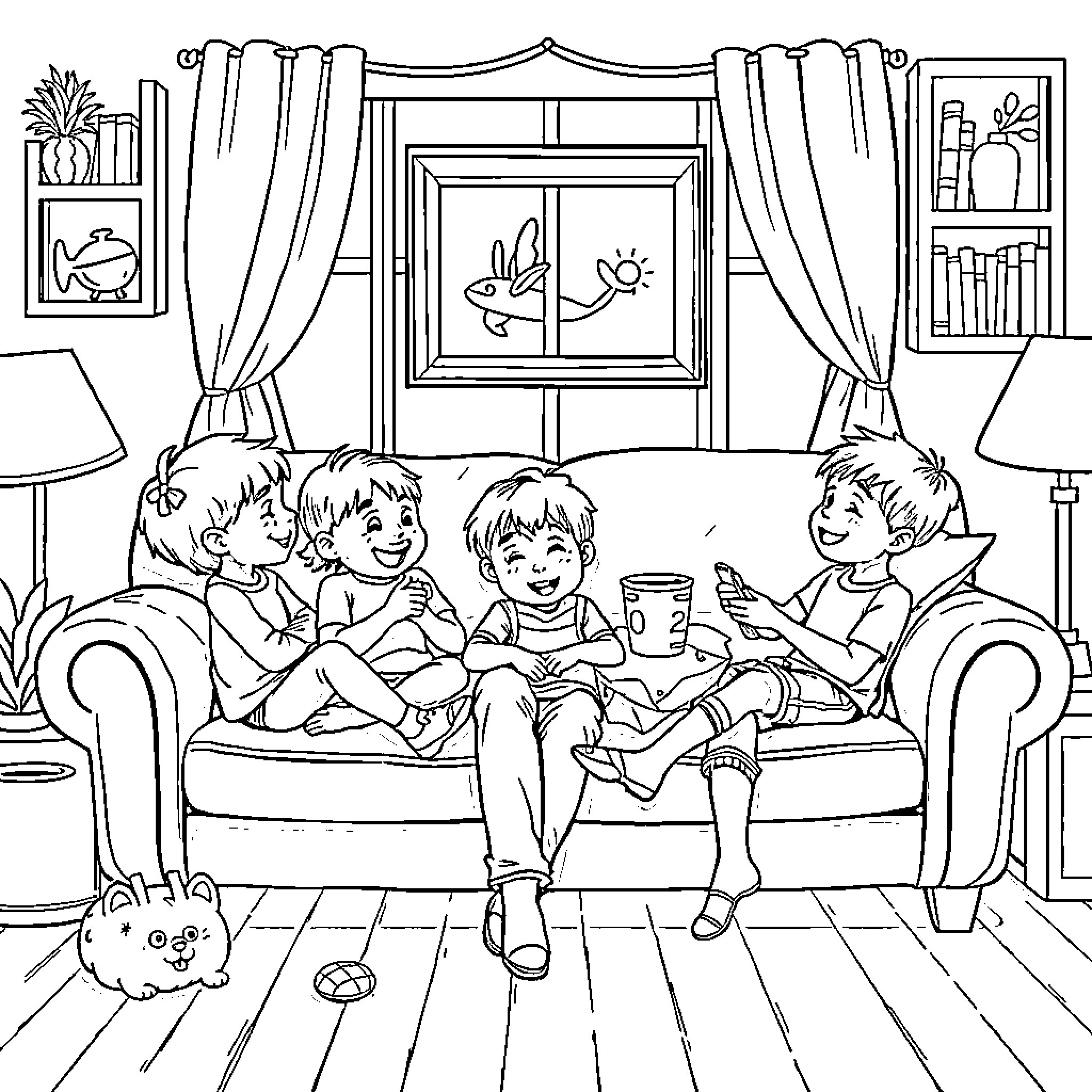 Kids Enjoying Cozy Indoor Gathering Coloring Page (free black-and-white line drawing printable PDF for all, from beginners to advanced learners, including children, teens, adults, and seniors)
