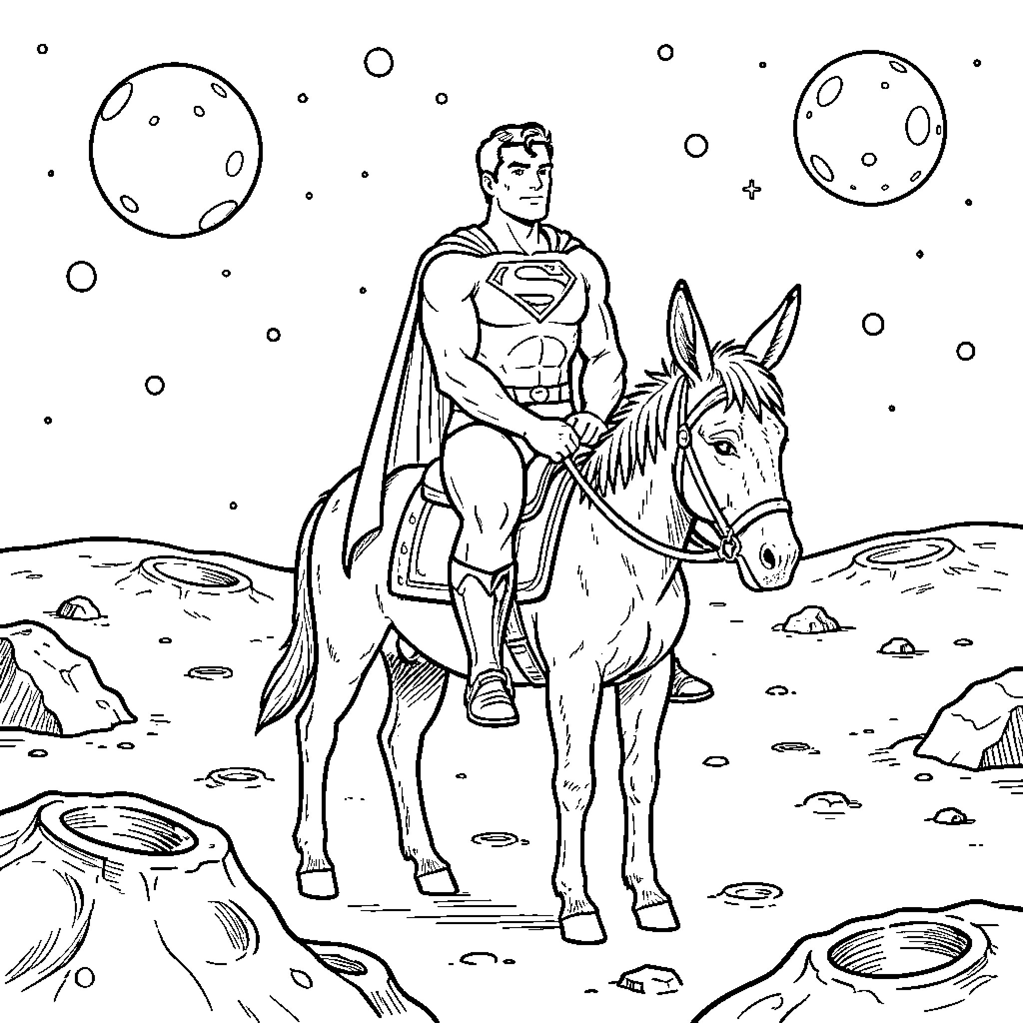Superman riding a donkey on a cratered moon surface Coloring Page (free black-and-white line drawing printable PDF for all, from beginners to advanced learners, including children, teens, adults, and seniors)