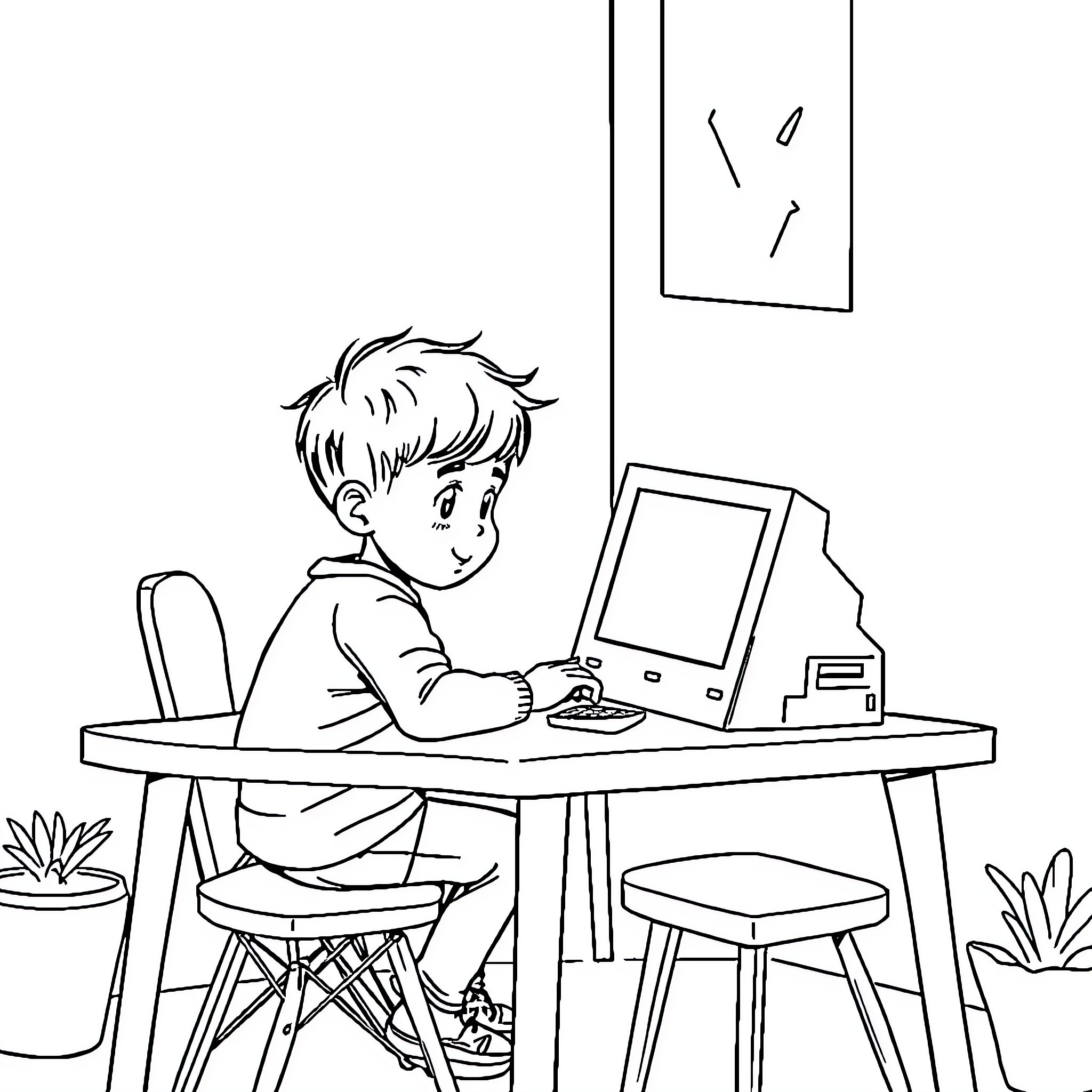 Child studying at computer desk Coloring Page (free black-and-white line drawing printable PDF for all, from beginners to advanced learners, including children, teens, adults, and seniors)