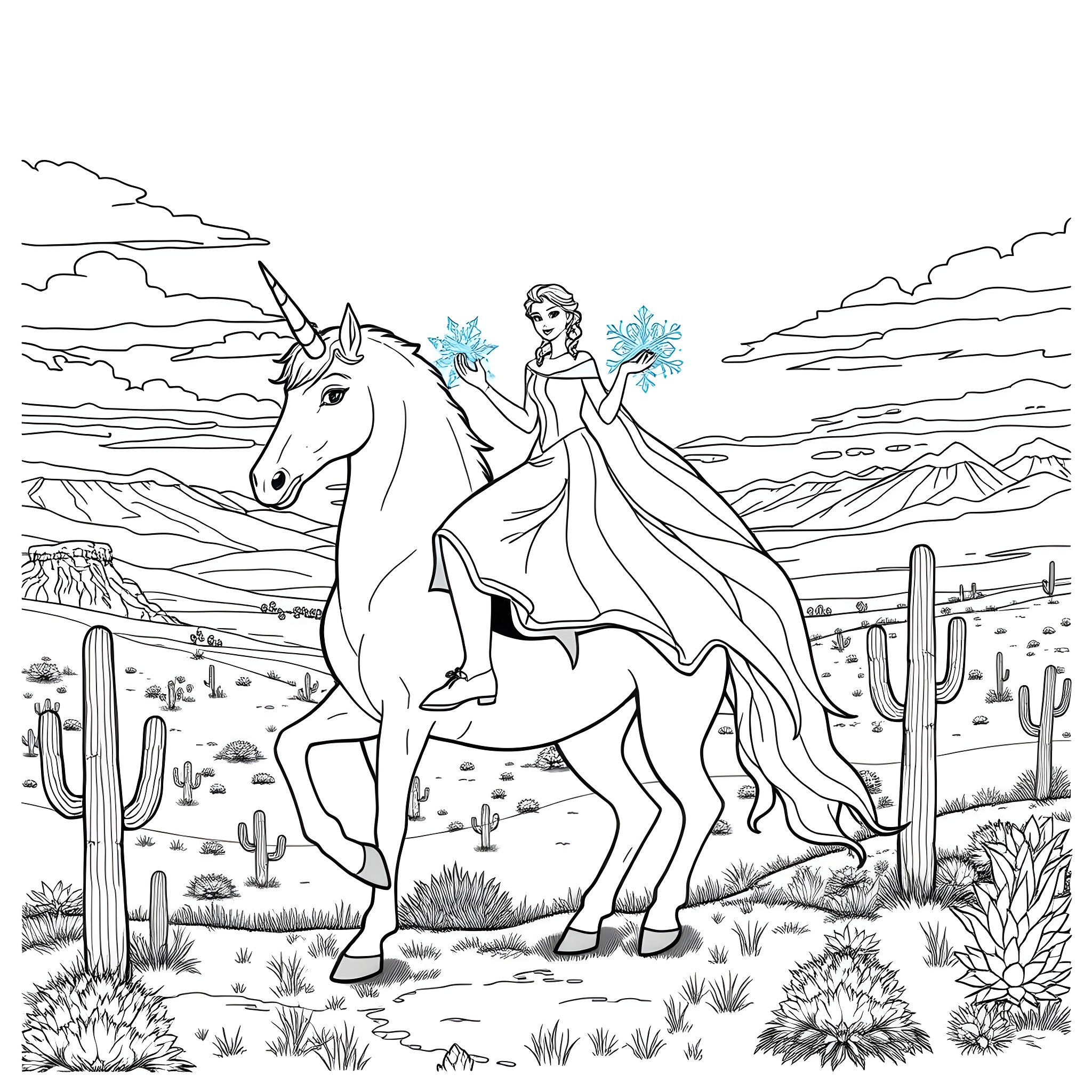 Elsa riding a magical unicorn in a desert landscape Coloring Page (free black-and-white line drawing printable PDF for all, from beginners to advanced learners, including children, teens, adults, and seniors)
