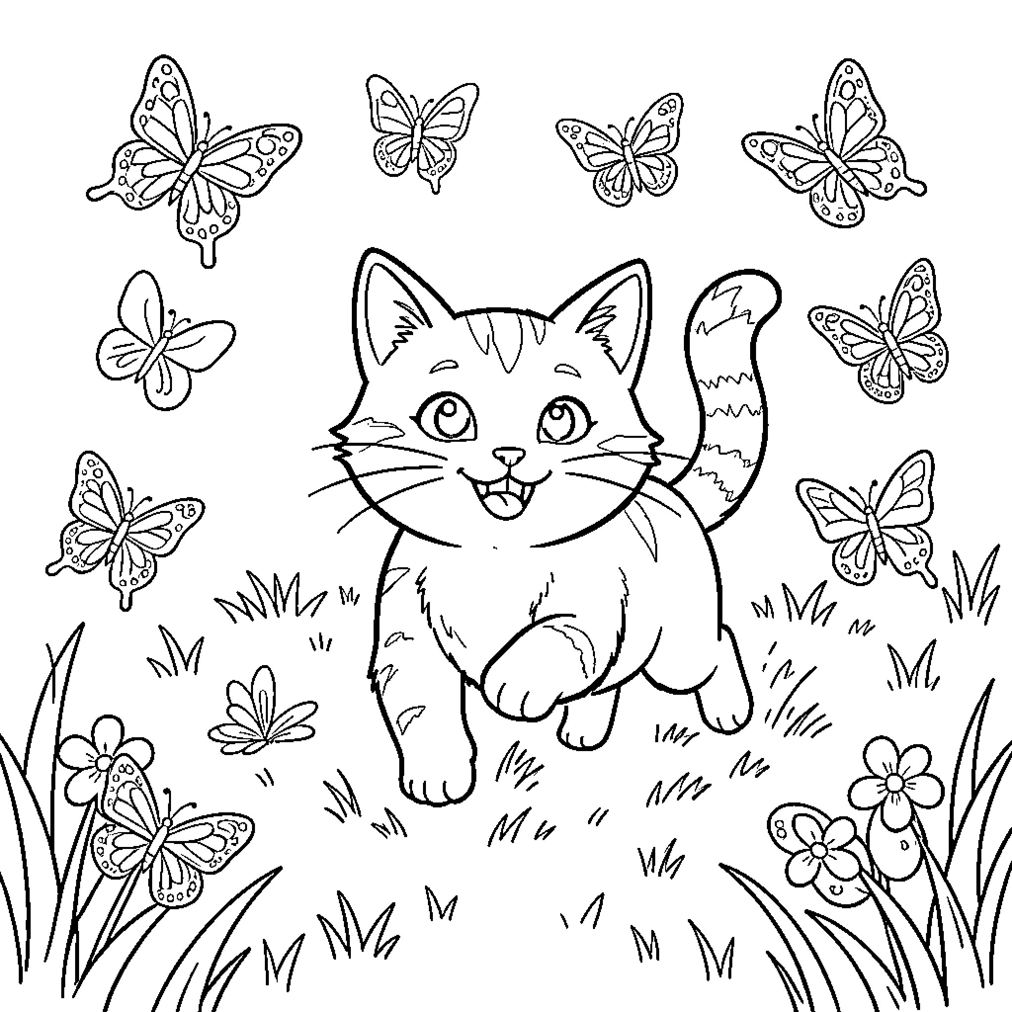 Cat exploring a garden full of butterflies Coloring Page (free black-and-white line drawing printable PDF for all, from beginners to advanced learners, including children, teens, adults, and seniors)