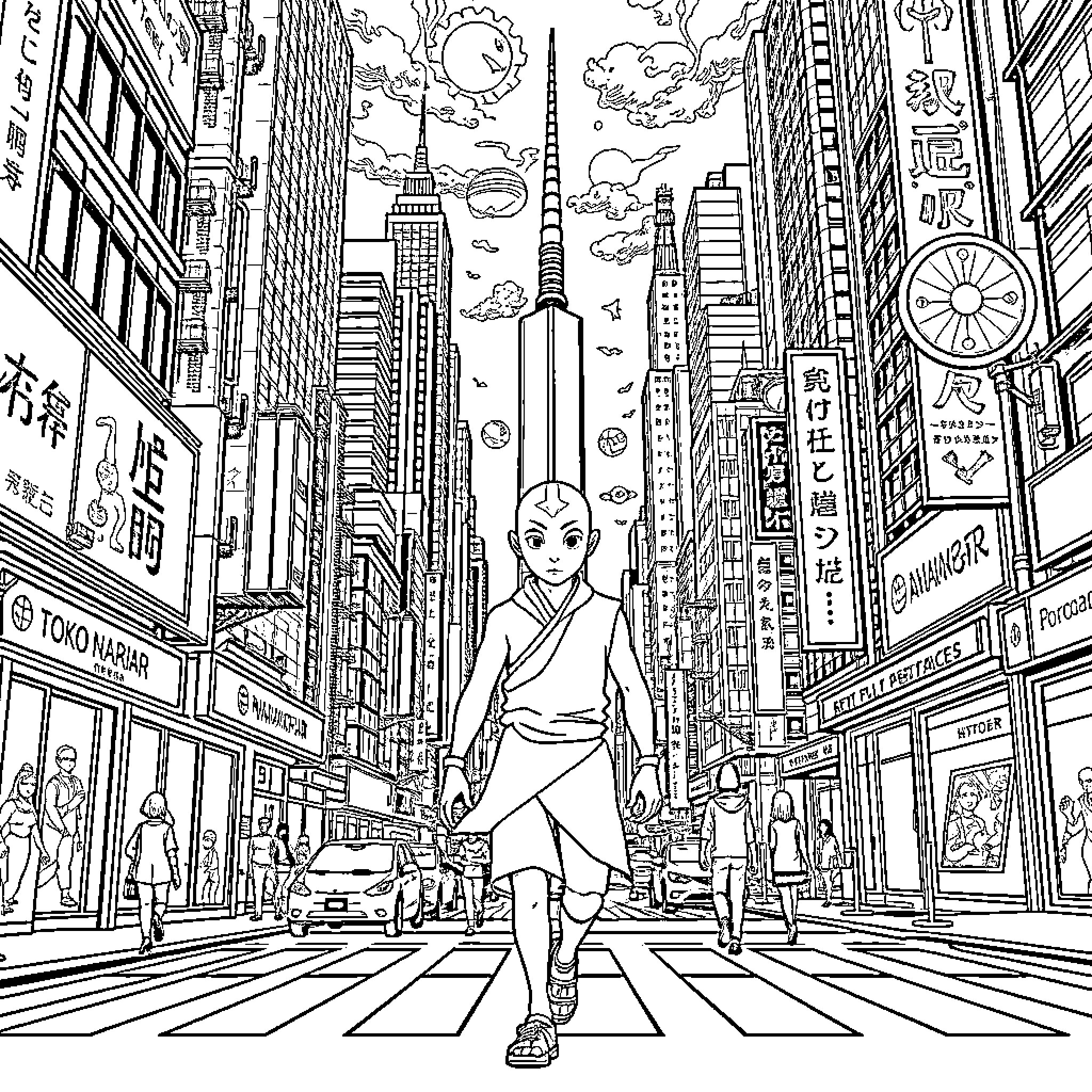 Aang explores the bustling cityscape Coloring Page (free black-and-white line drawing printable PDF for all, from beginners to advanced learners, including children, teens, adults, and seniors)