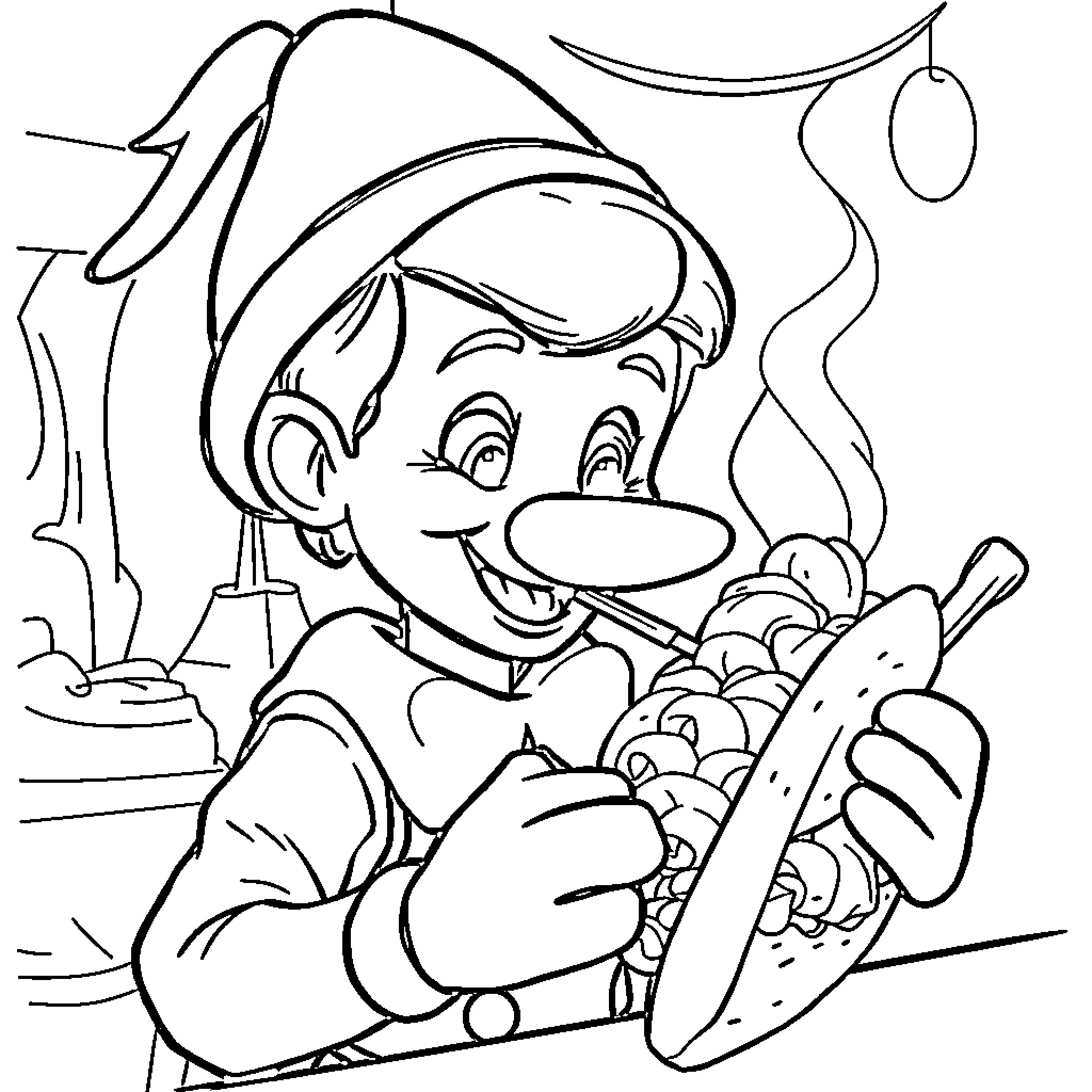 Pinocchio enjoying a tasty meal Coloring Page (free black-and-white line drawing printable PDF for all, from beginners to advanced learners, including children, teens, adults, and seniors)