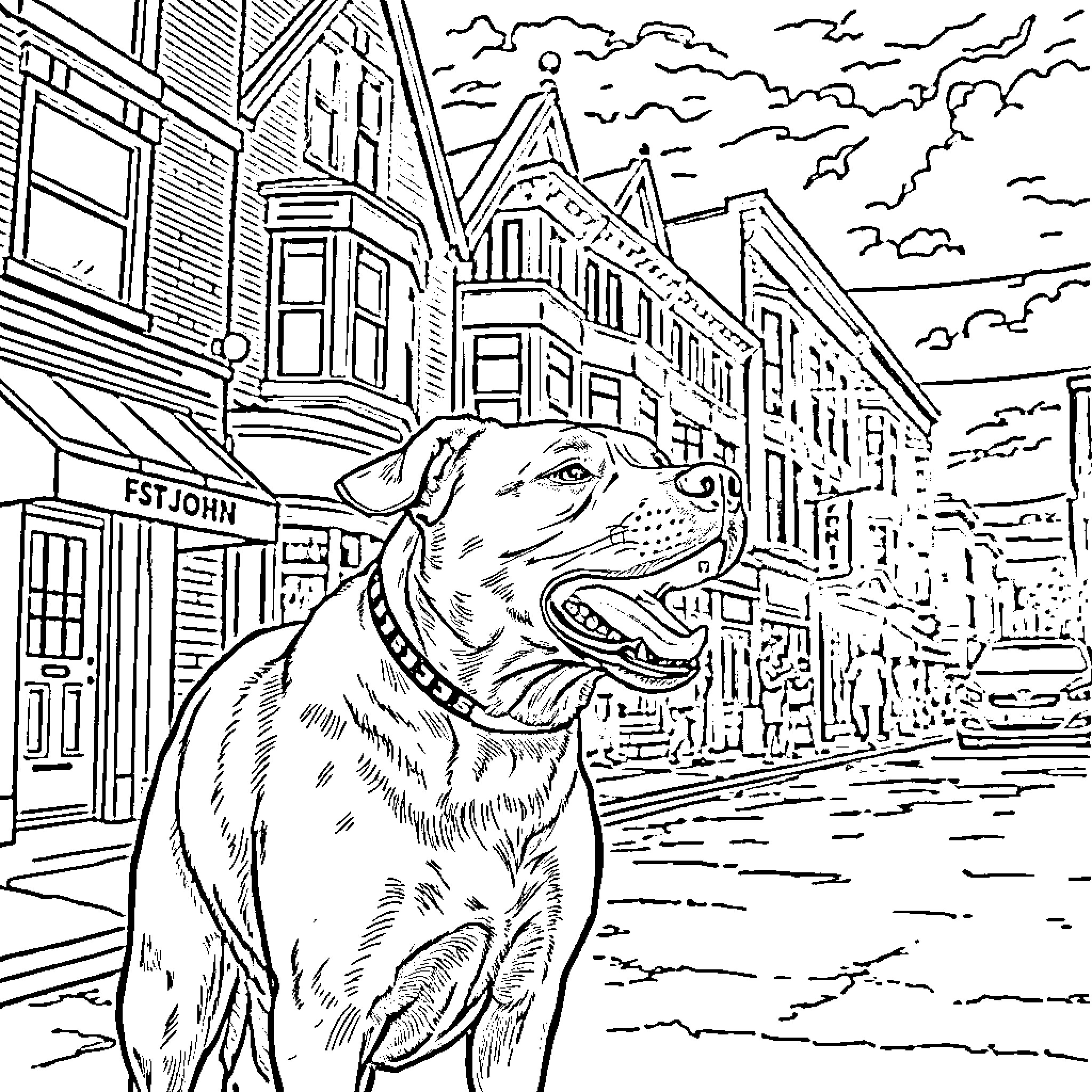 Dog posing on a city street Coloring Page (free black-and-white line drawing printable PDF for all, from beginners to advanced learners, including children, teens, adults, and seniors)