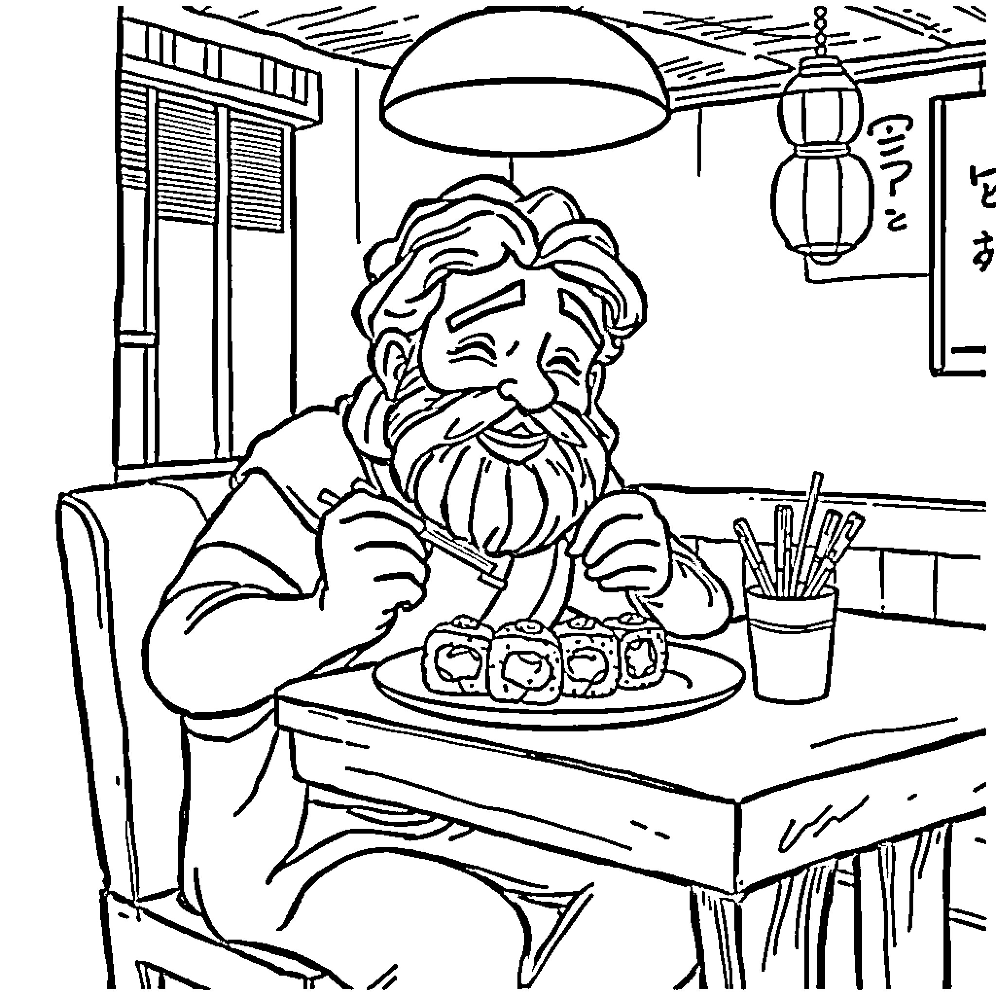 Aeschylus enjoys a traditional meal in a cozy setting Coloring Page (free black-and-white line drawing printable PDF for all, from beginners to advanced learners, including children, teens, adults, and seniors)