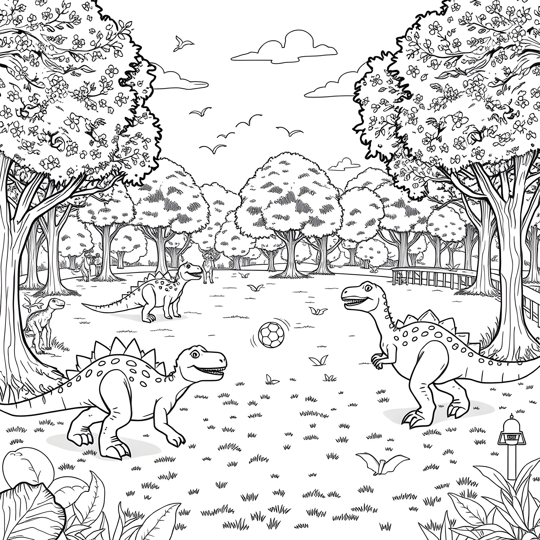 Dino Dinosaurs Playing in the Forest Coloring Page (free black-and-white line drawing printable PDF for all, from beginners to advanced learners, including children, teens, adults, and seniors)