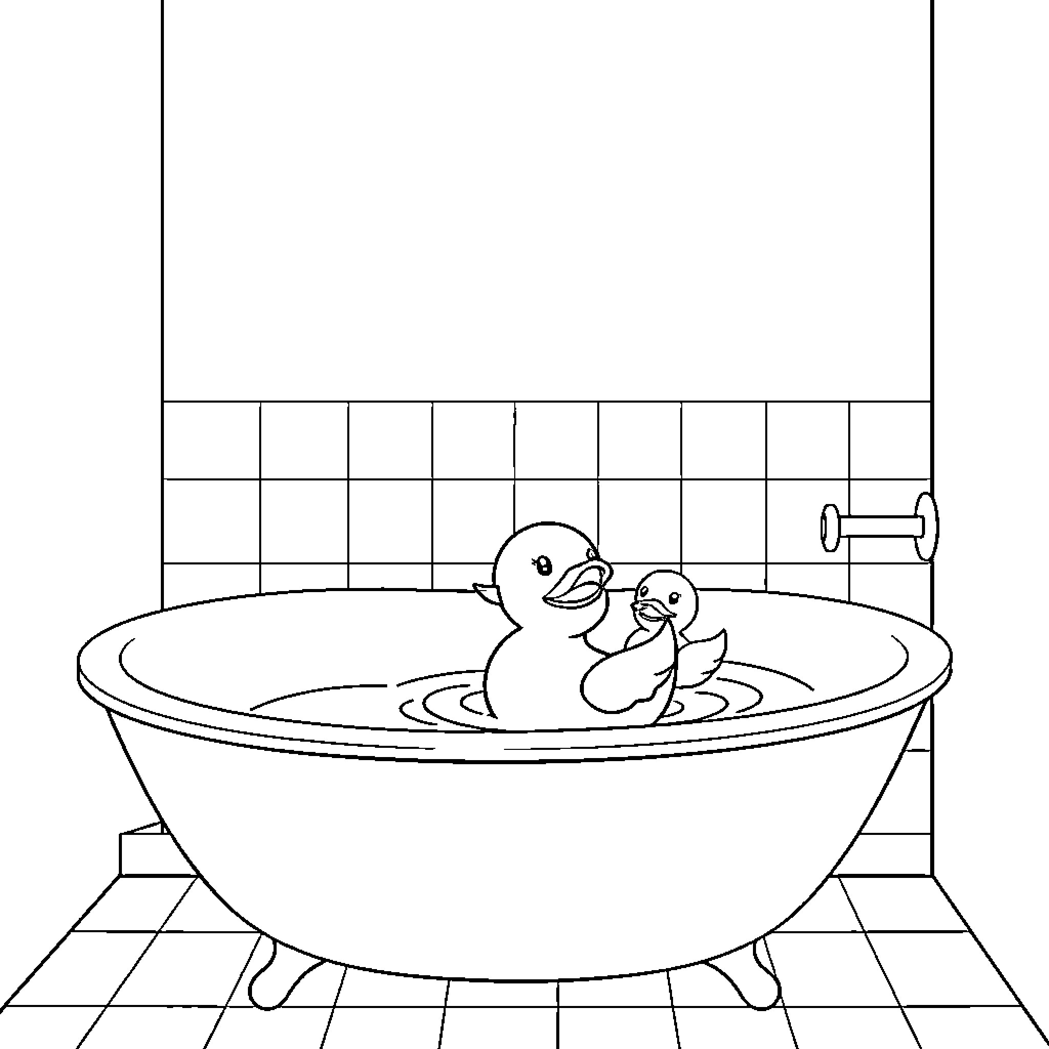 Rubber Ducks Enjoying a Relaxing Bath Coloring Page (free black-and-white line drawing printable PDF for all, from beginners to advanced learners, including children, teens, adults, and seniors)