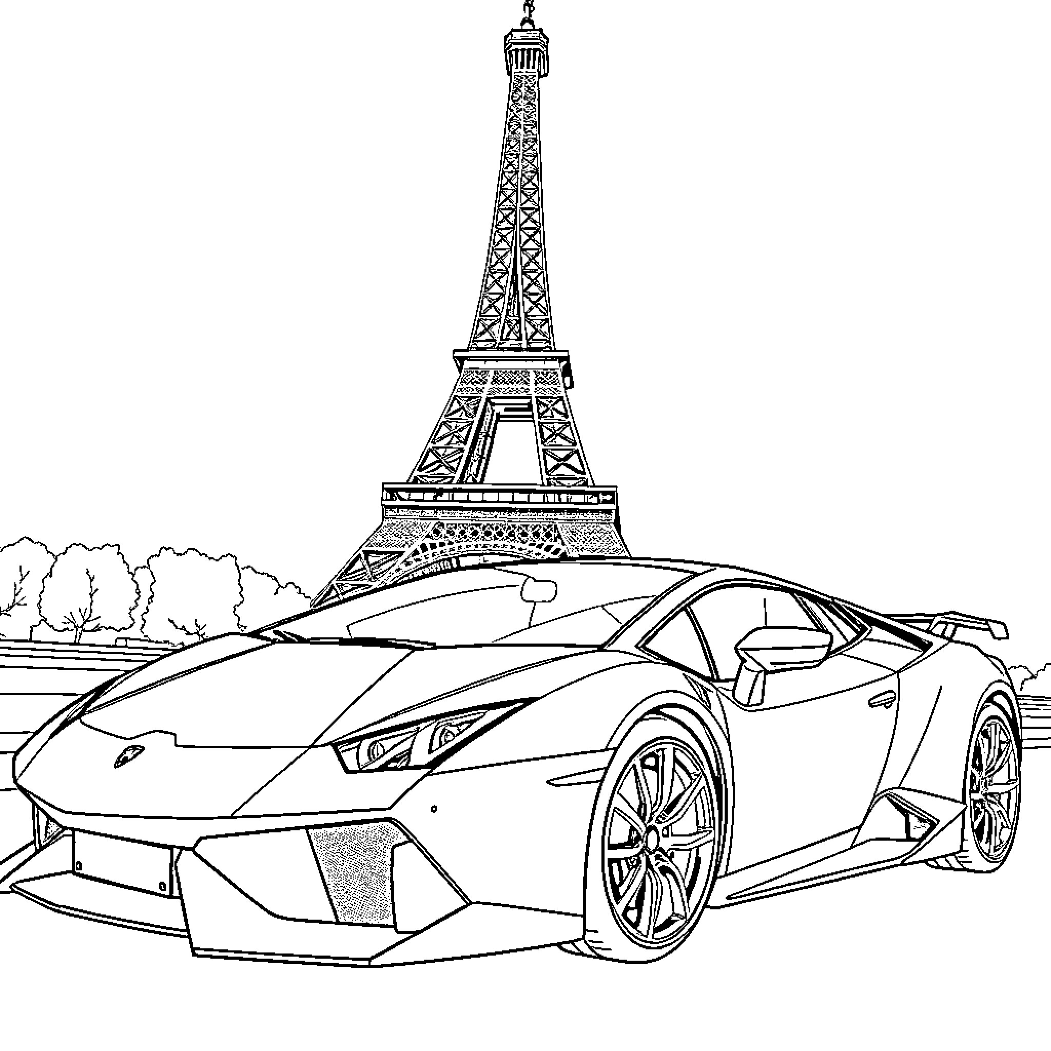 Lamborghini Supercar Parked in Front of Eiffel Tower Coloring Page (free black-and-white line drawing printable PDF for all, from beginners to advanced learners, including children, teens, adults, and seniors)