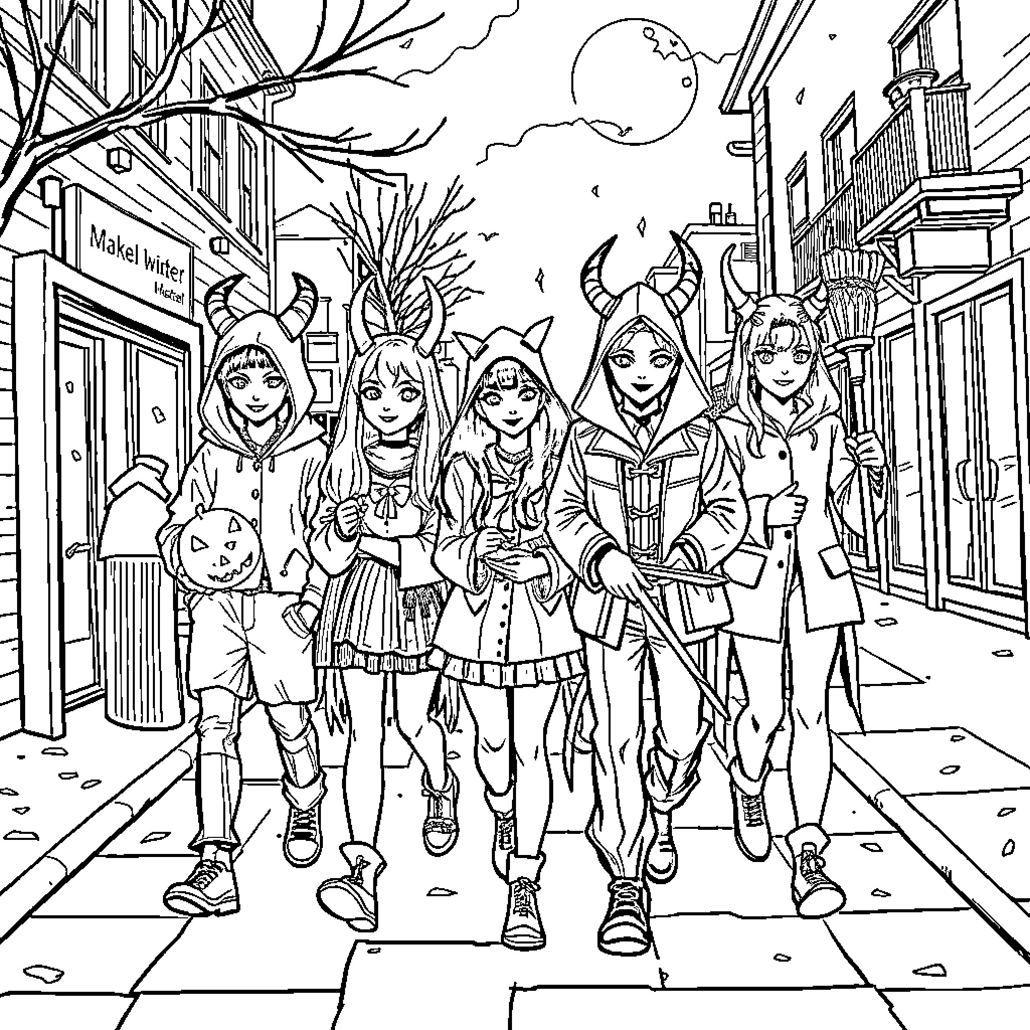 Demon Hunters on a Nighttime Patrol Coloring Page (free black-and-white line drawing printable PDF for all, from beginners to advanced learners, including children, teens, adults, and seniors)