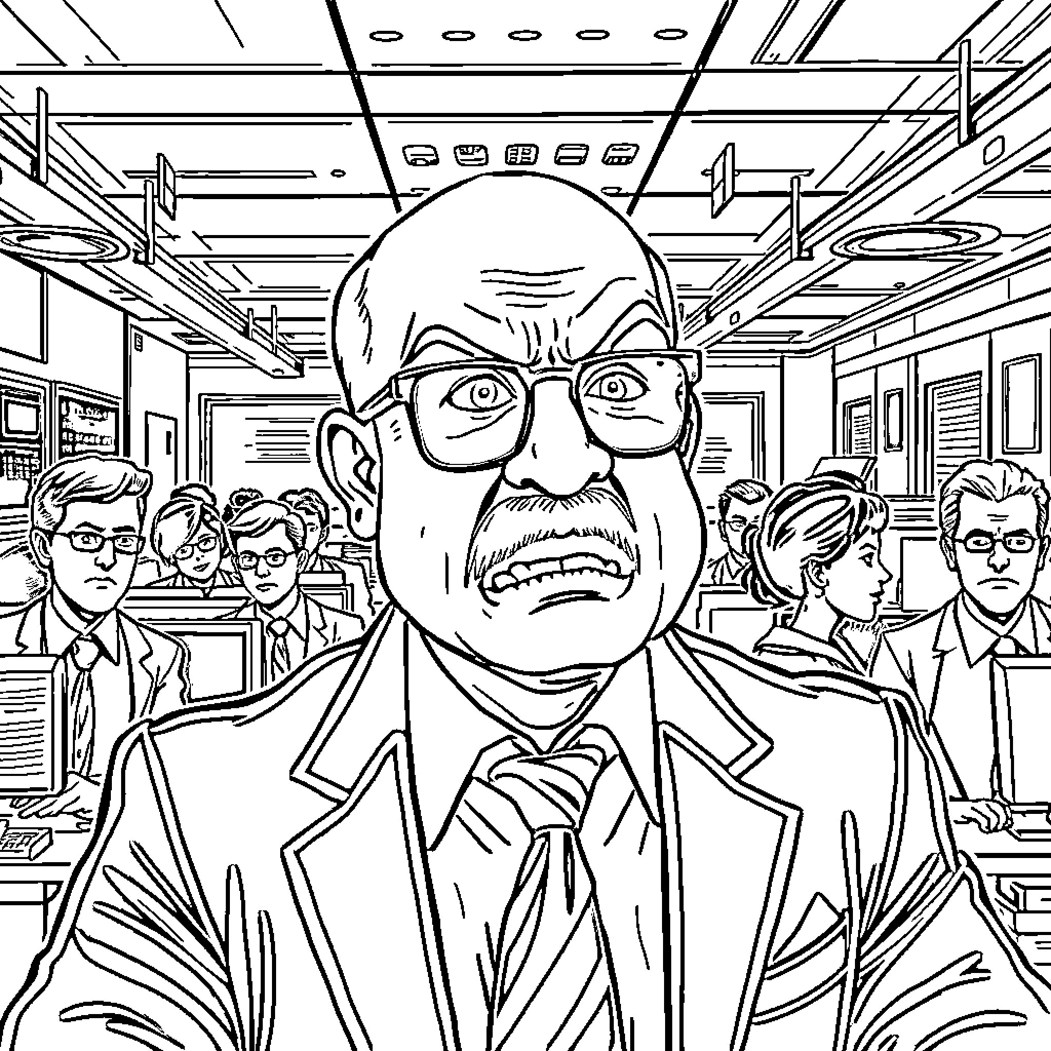Man in serious business attire surrounded by colleagues Coloring Page (free black-and-white line drawing printable PDF for all, from beginners to advanced learners, including children, teens, adults, and seniors)