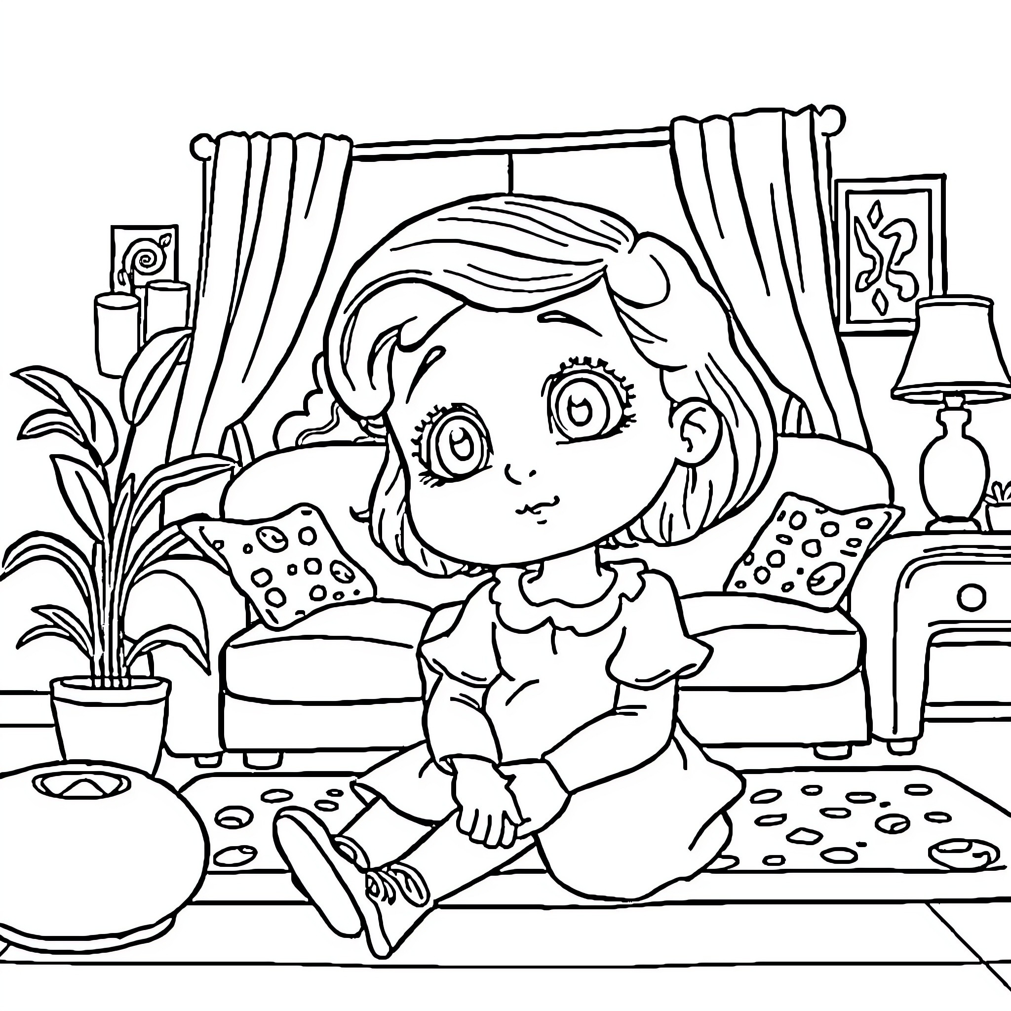 Mafalda's Cozy Hideaway Coloring Page (free black-and-white line drawing printable PDF for all, from beginners to advanced learners, including children, teens, adults, and seniors)