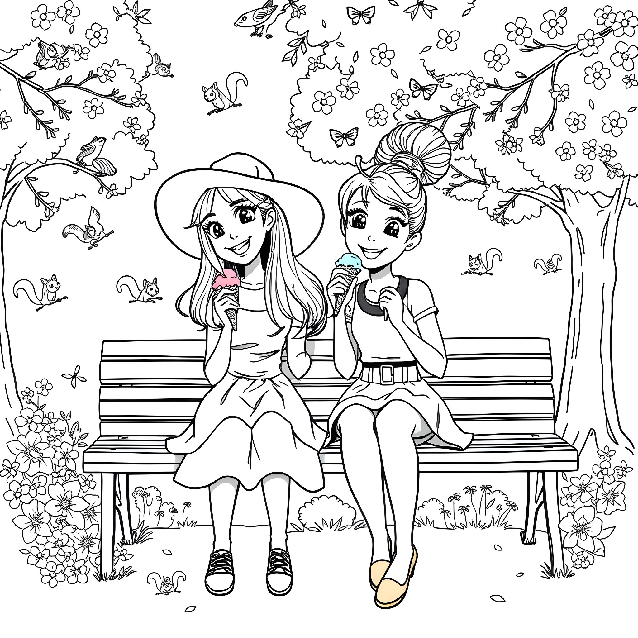 Gabby and her friend sitting on a bench in a park Coloring Page (free black-and-white line drawing printable PDF for all, from beginners to advanced learners, including children, teens, adults, and seniors)