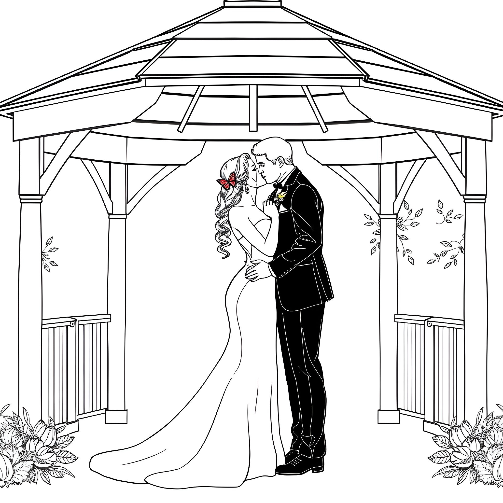 Bride and groom embracing in a gazebo Coloring Page (free black-and-white line drawing printable PDF for all, from beginners to advanced learners, including children, teens, adults, and seniors)