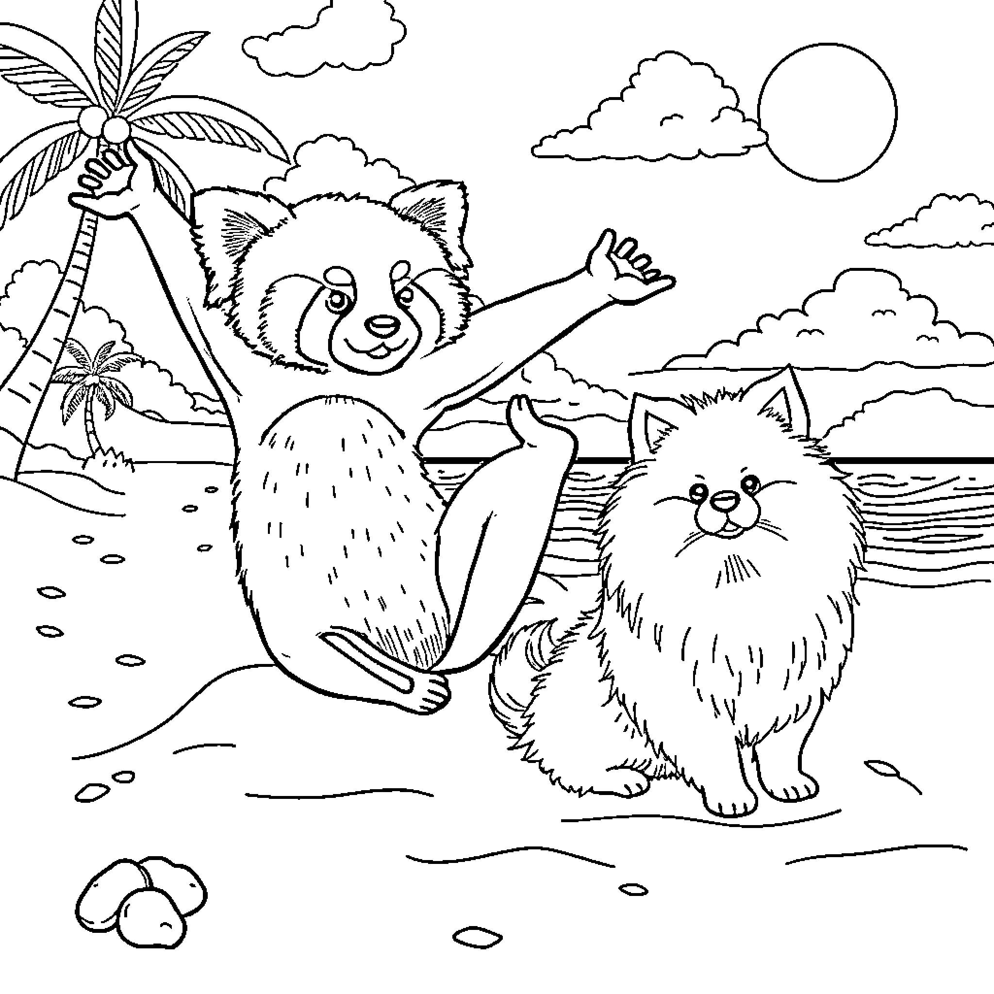 Panda and Fluffy Cat Relaxing on the Beach Coloring Page (free black-and-white line drawing printable PDF for all, from beginners to advanced learners, including children, teens, adults, and seniors)