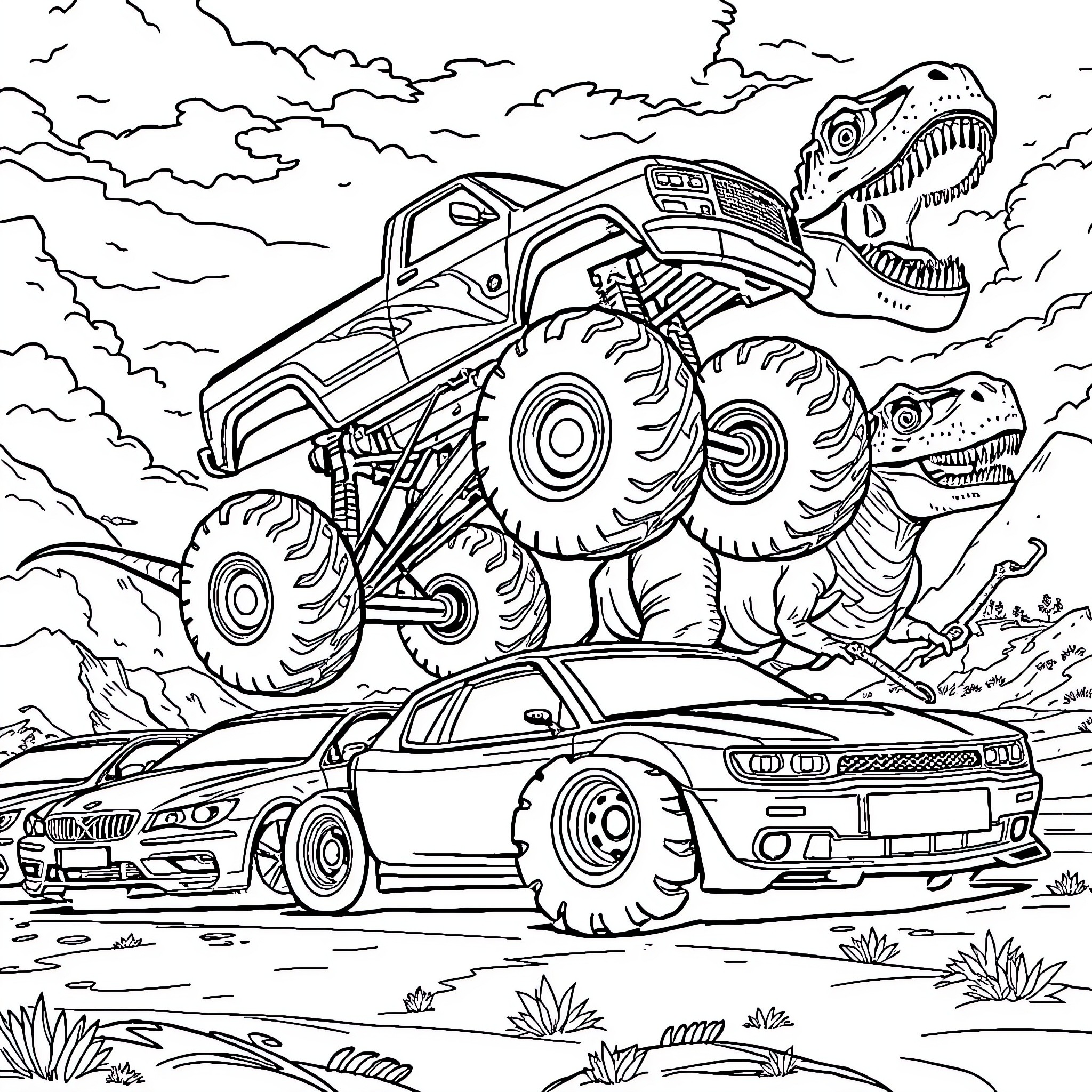 Monster Truck Crushing Dinosaurs on the Road Coloring Page (free black-and-white line drawing printable PDF for all, from beginners to advanced learners, including children, teens, adults, and seniors)