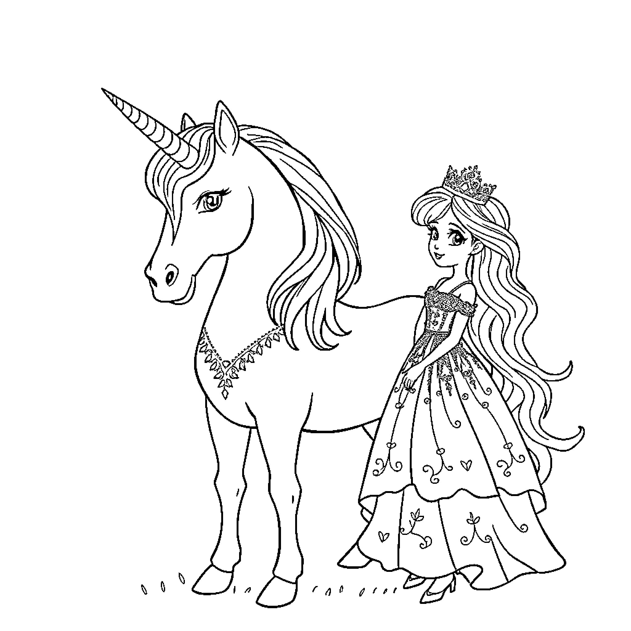 Princess and her Magical Unicorn Coloring Page (free black-and-white line drawing printable PDF for all, from beginners to advanced learners, including children, teens, adults, and seniors)