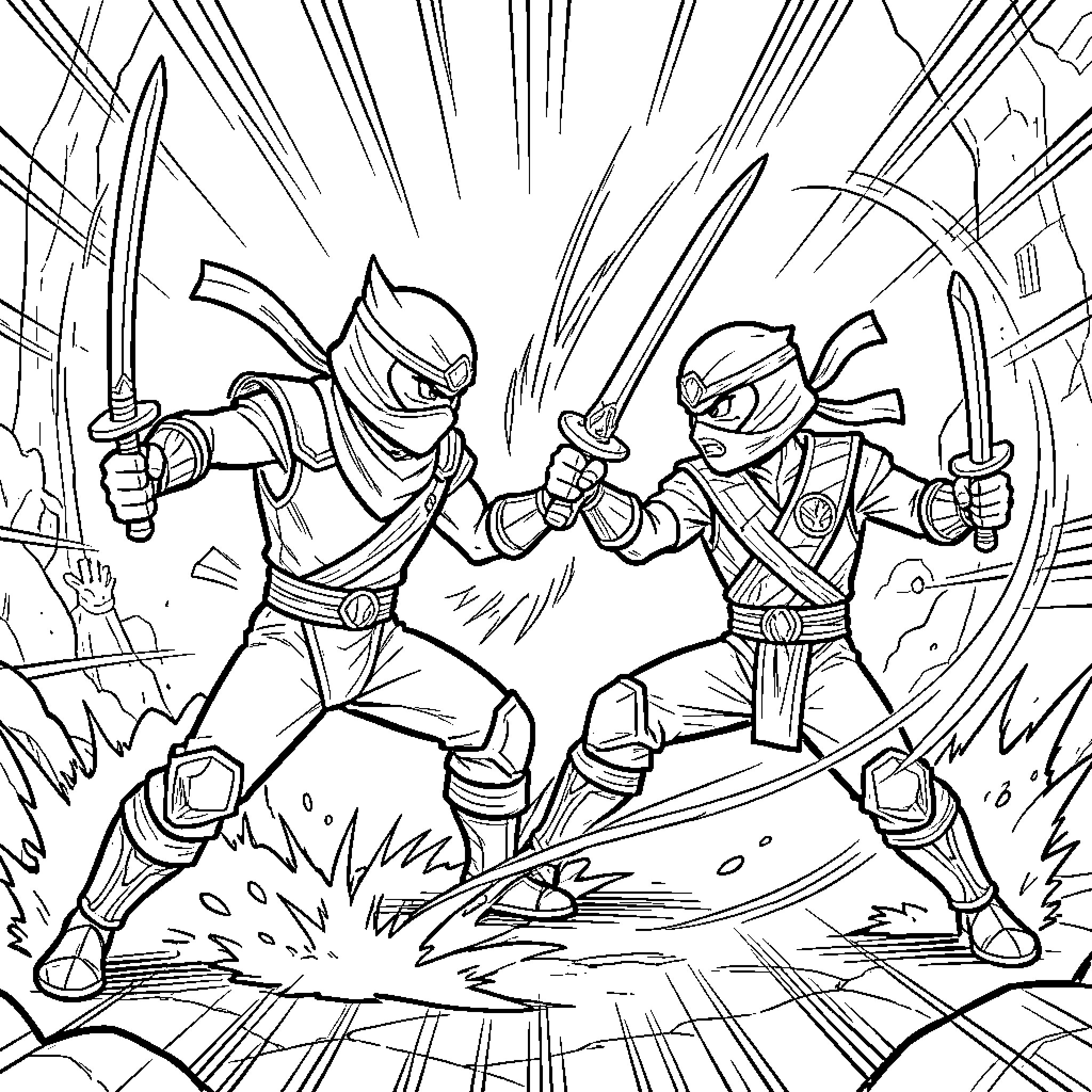 Kai and a ninja fighting with swords Coloring Page (free black-and-white line drawing printable PDF for all, from beginners to advanced learners, including children, teens, adults, and seniors)