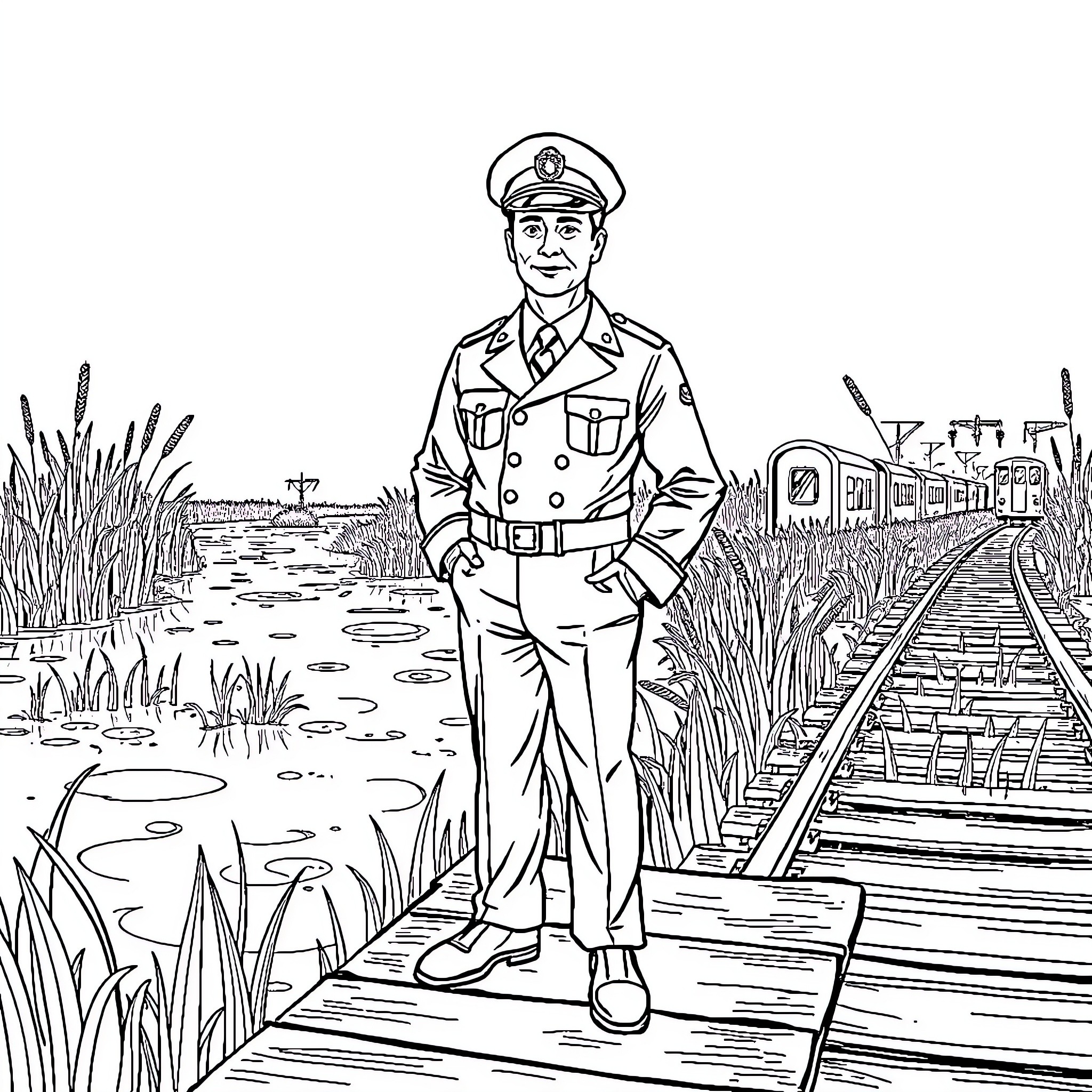 Train Conductor standing on a wooden bridge over a marsh Coloring Page (free black-and-white line drawing printable PDF for all, from beginners to advanced learners, including children, teens, adults, and seniors)