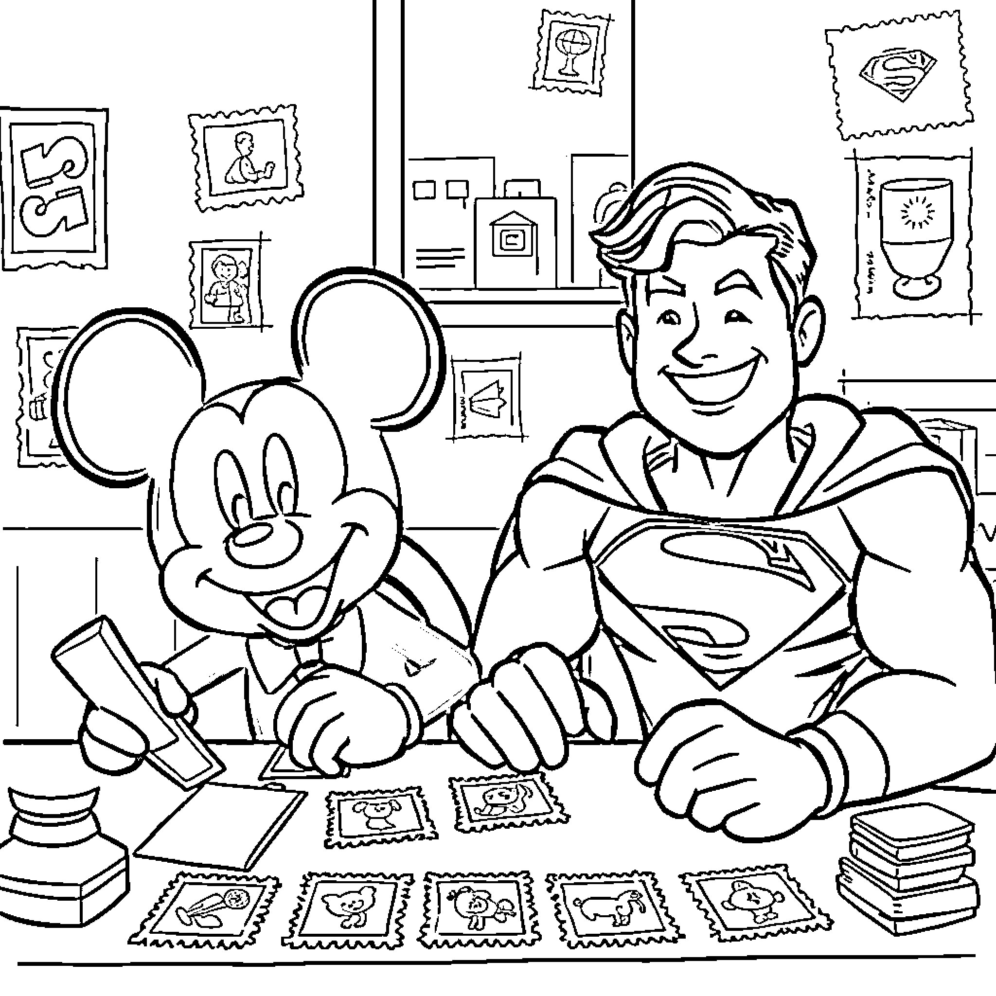 Mickey Mouse and Superman Enjoying Comic Books Coloring Page (free black-and-white line drawing printable PDF for all, from beginners to advanced learners, including children, teens, adults, and seniors)