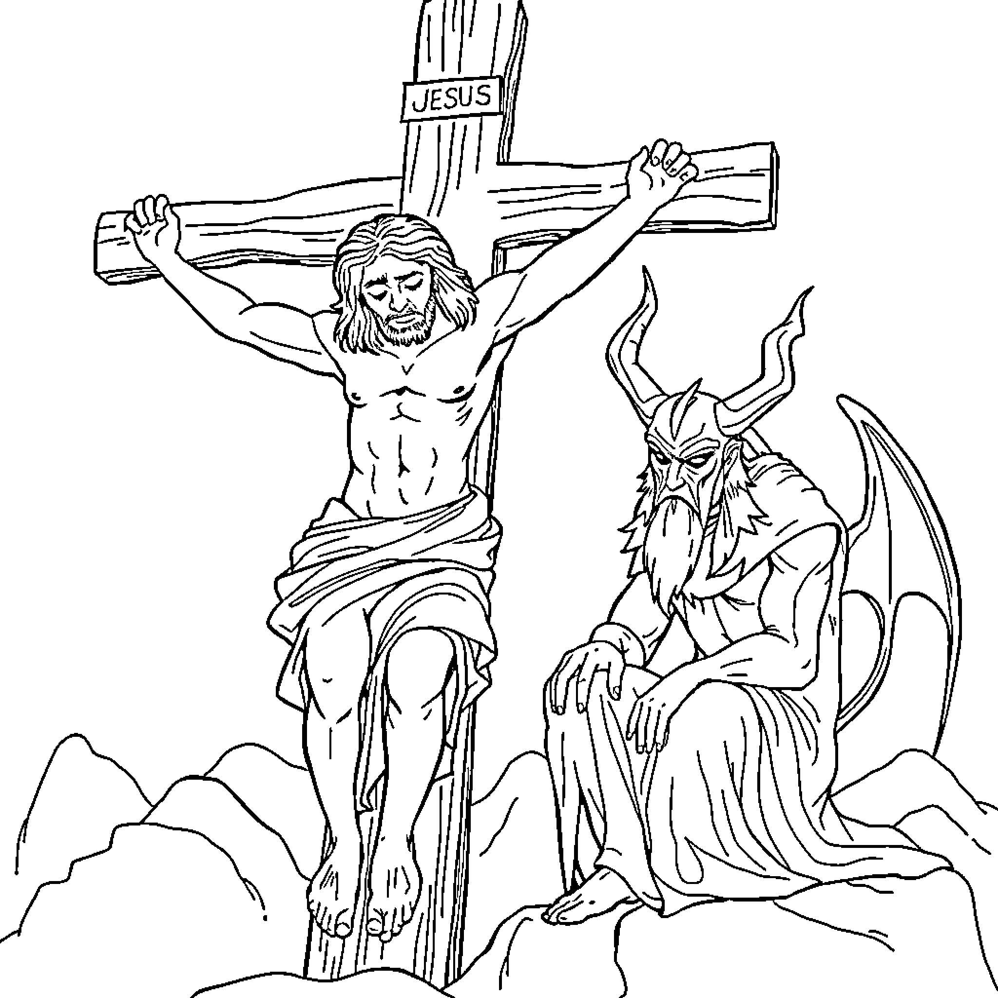 Jesus crucified with demonic presence Coloring Page (free black-and-white line drawing printable PDF for all, from beginners to advanced learners, including children, teens, adults, and seniors)