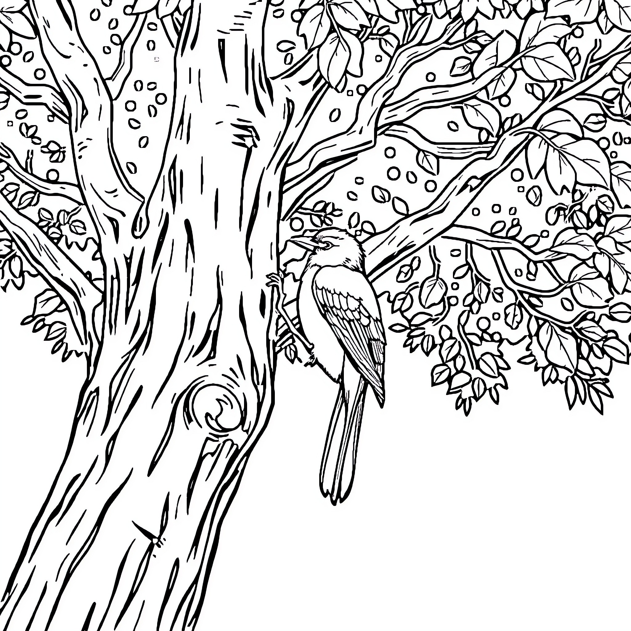 Squirrel resting on the tree branch Coloring Page (free black-and-white line drawing printable PDF for all, from beginners to advanced learners, including children, teens, adults, and seniors)