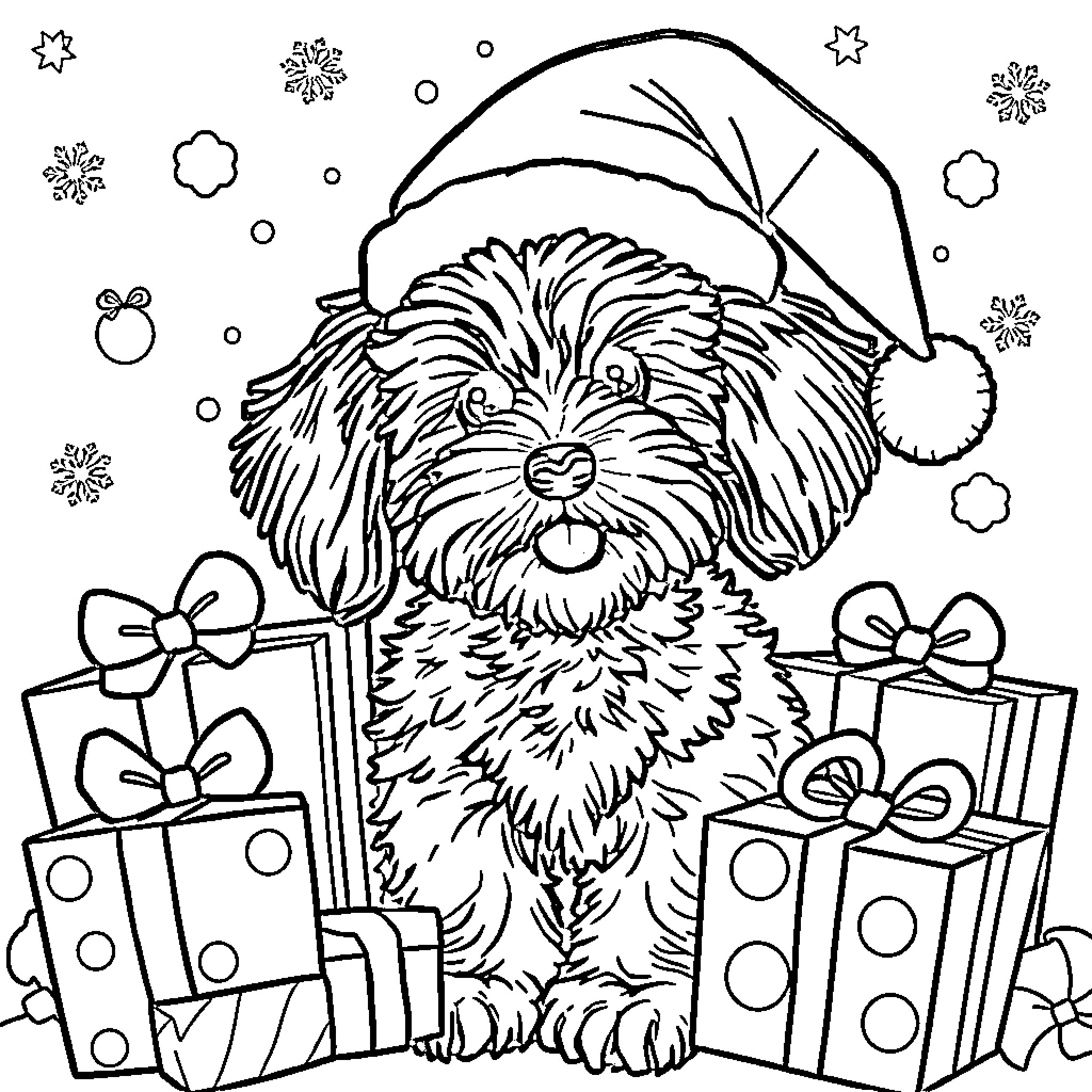 Cavoodle in Santa Hat with Christmas Presents Coloring Page (free black-and-white line drawing printable PDF for all, from beginners to advanced learners, including children, teens, adults, and seniors)