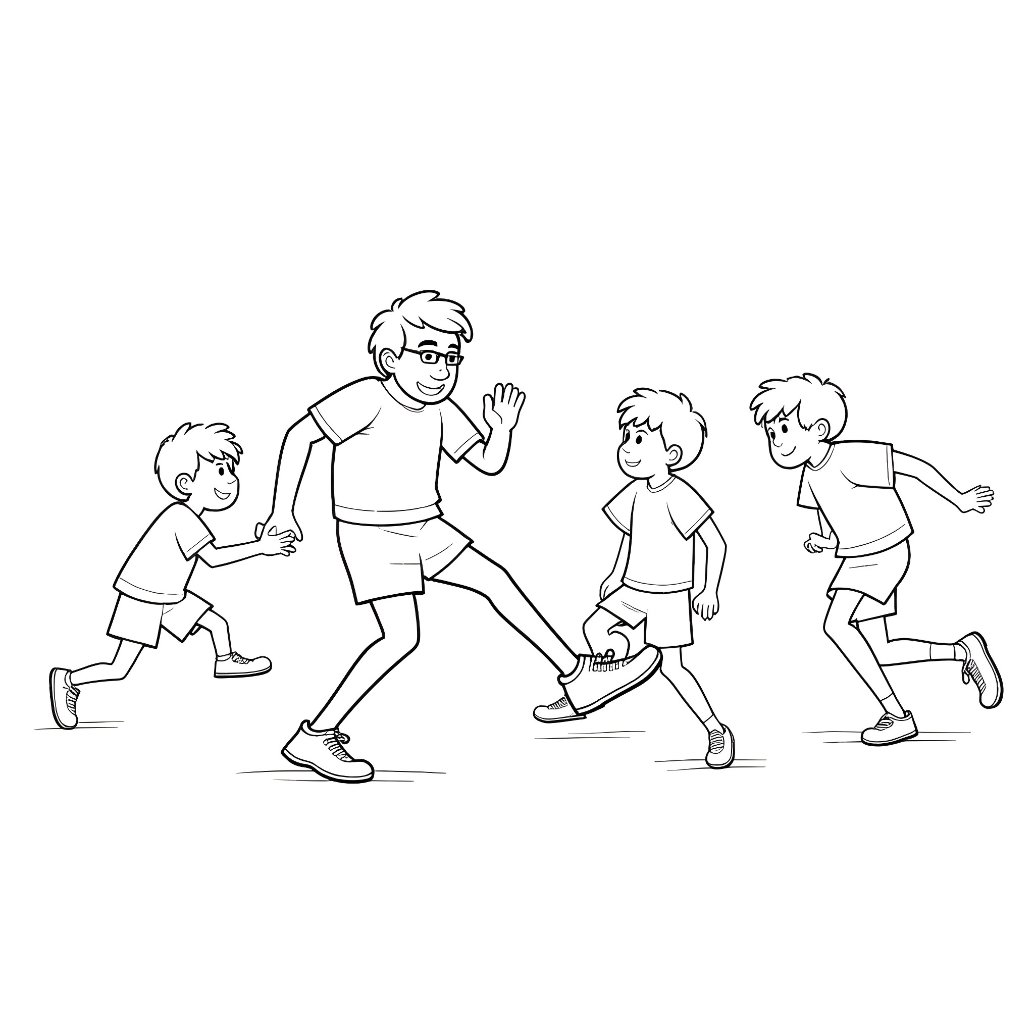 Man playing with children outdoors Coloring Page (free black-and-white line drawing printable PDF for all, from beginners to advanced learners, including children, teens, adults, and seniors)