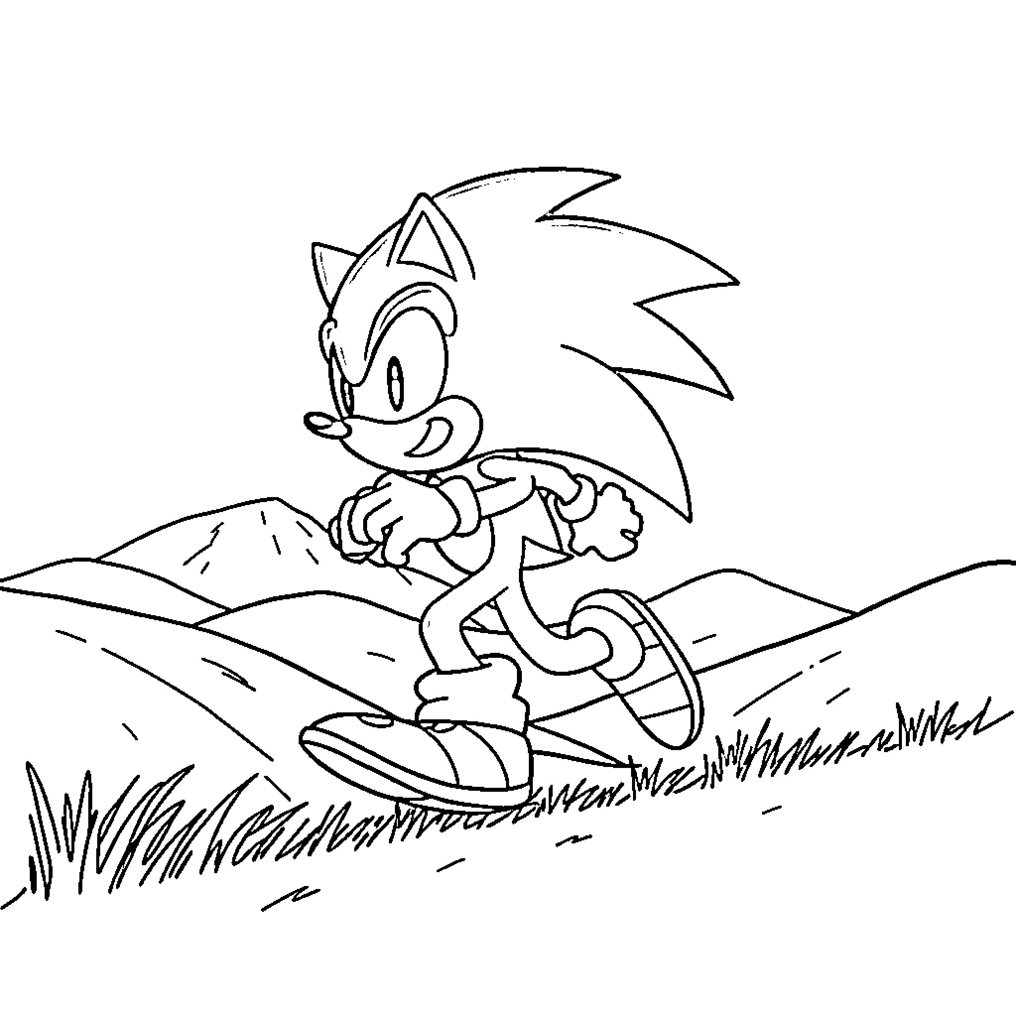 Sonic racing through the countryside Coloring Page (free black-and-white line drawing printable PDF for all, from beginners to advanced learners, including children, teens, adults, and seniors)