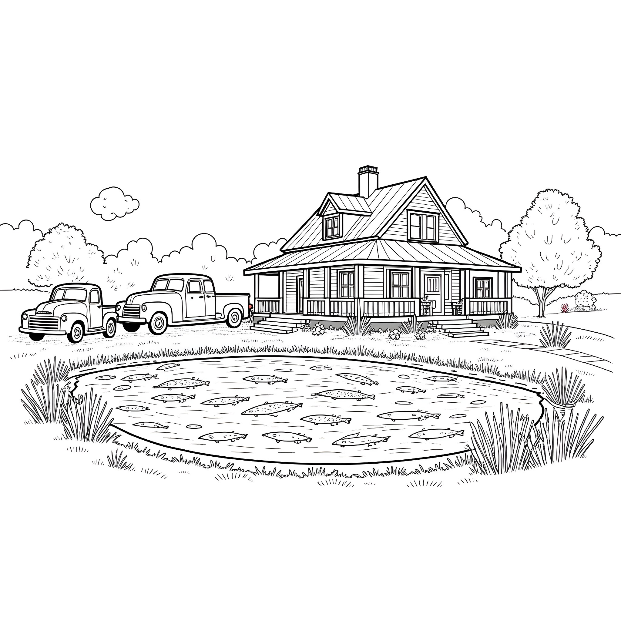 Farmhouse with vintage trucks and pond Coloring Page (free black-and-white line drawing printable PDF for all, from beginners to advanced learners, including children, teens, adults, and seniors)